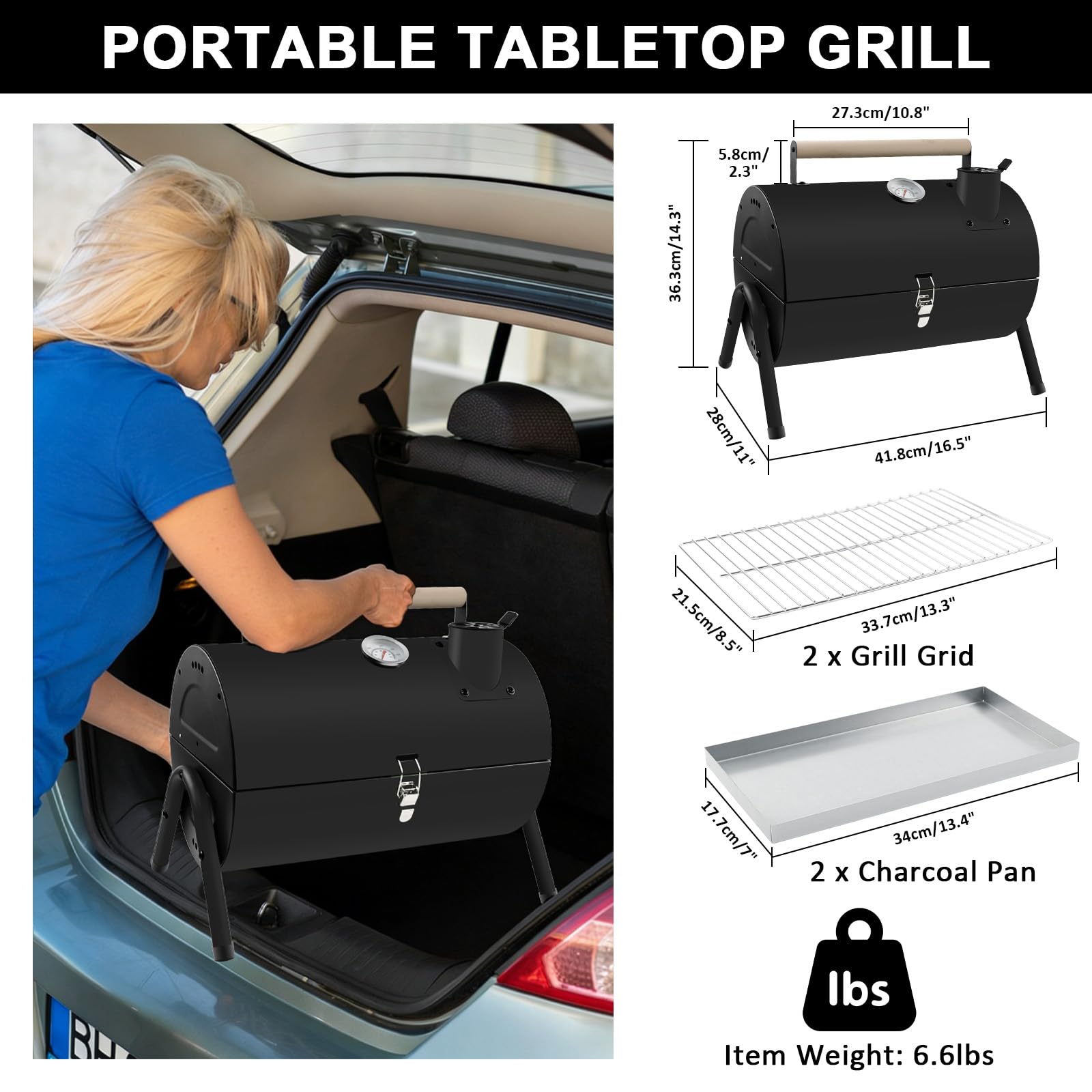 Barbecue Charbon Portable 2 en 1 Noir | avec Thermomètre, robuste, facile à transporter, pour jardin balcon voyage camping