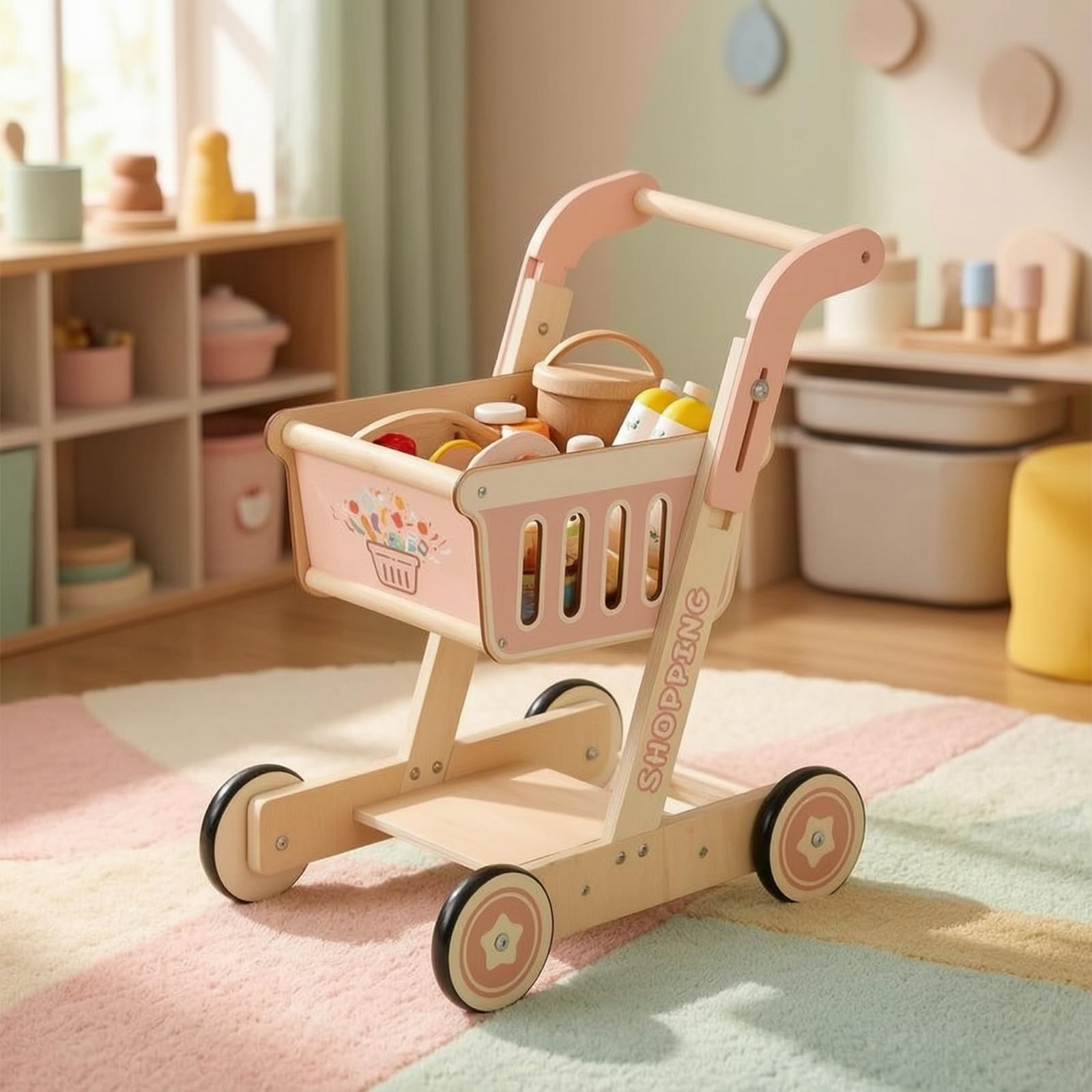 Spielzeug-Einkaufswagen mit verstellbarem Griff höhenverstellbar Einkaufswagen sicher Spielzeugeinkaufswagen für Zimmer, Spielzimmer