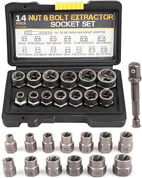 14 Pcs Bolt Extractor Set,Impact Bolt Extractor Set Nut Remover Socket Tool,Rounded Bolt Remover for Damaged, Rusted,Frozen Studs or Rounded-Off Bolts, Nuts, and Screws.