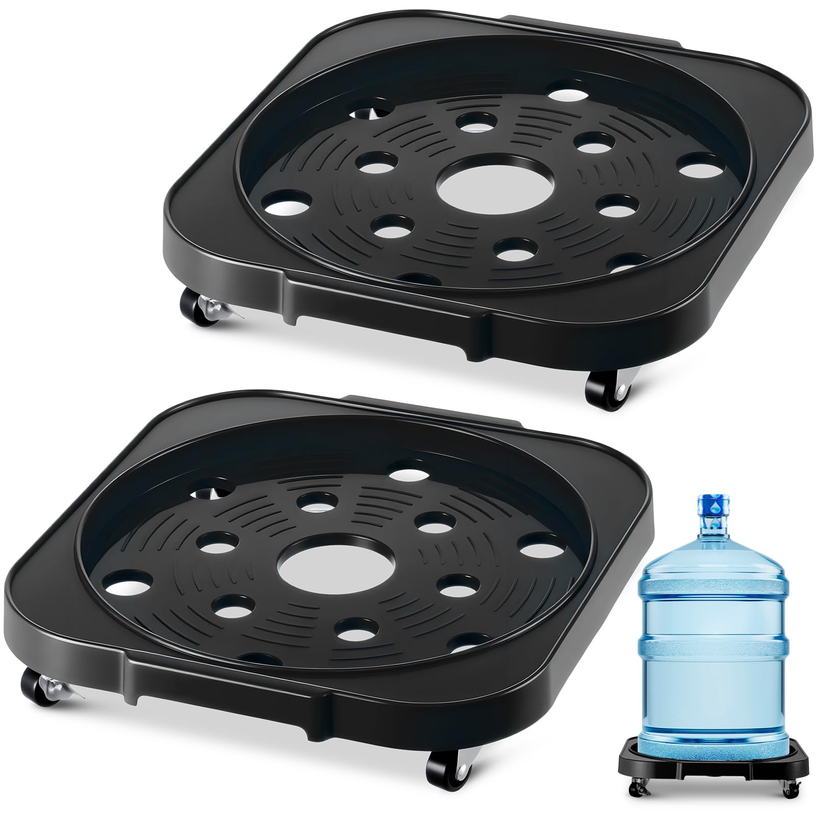 2 Pack 5 Gallon Water Bottle Caddy with 4 Rolling Wheels, Black