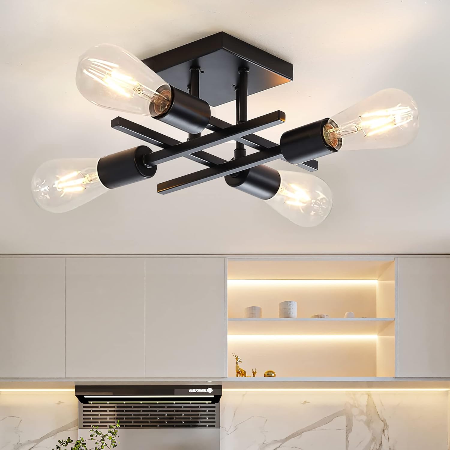 Industrial 4-Light Semi Flush Mount Ceiling Light Fixture, Farmhouse Black Chandelier Lighting, Modern E26 Base Sputnik Ceiling Lamp for Kitchen Bedroom Living Room Hallway Entryway