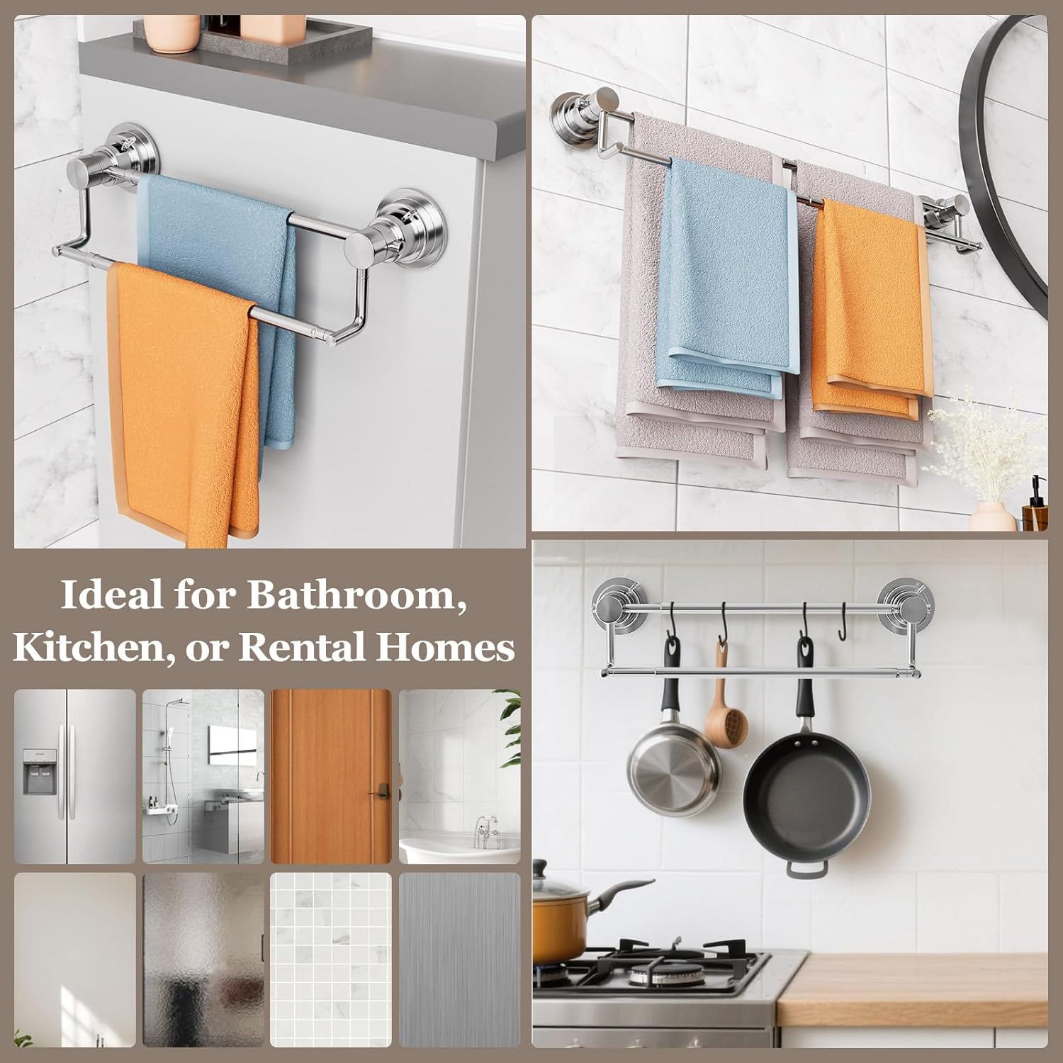 Suction Cup Double Towel Bar Adjustable 13"-25", Bath Sheet Rack Stainless Steel for Glass Shower, Powerful Vacuum Towel Holder for Bathroom, Kitchen, RV, and Renters