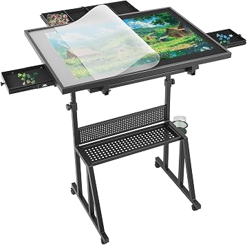 1500 Pieces Jigsaw Puzzle Table for Adults, 13-Tilting-Angle & Height Adjustable Table with Legs and Wheels, Metal Puzzle Table with 6 Felt Trays, Transparent Cover, Non-Slip Felt Surface