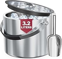 FiveHome 3.2L Double Wall Insulated Stainless Steel Ice Bucket with Lid & Scoop - Keeps Ice Frozen Longer for Parties