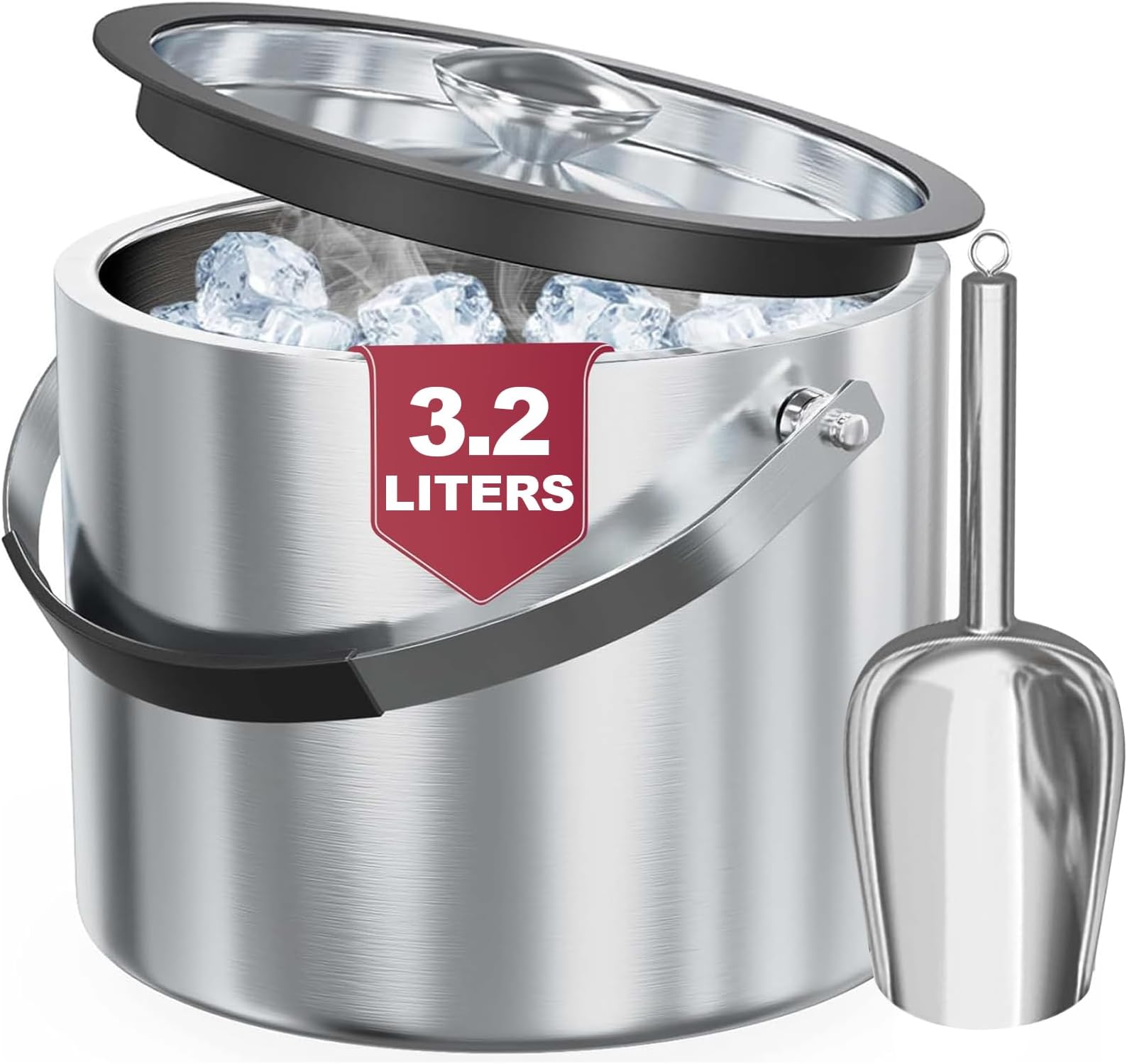 Ice Bucket 3L with Lid,Scoop,Tongs, Double Wall Insulated Stainless Steel Ice Bucket Wine Bucket for Cocktail Bar and Parties