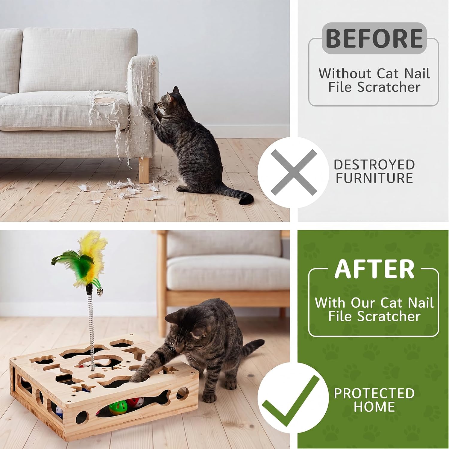 Cat Nail File Scratcher Box - Interactive Cat Scratch Puzzle Enrichment with Sandpaper Liner for Claw Care, Alternative Stress Free Wooden Nails Scratching to Clippers & Grinders for Indoor Cats