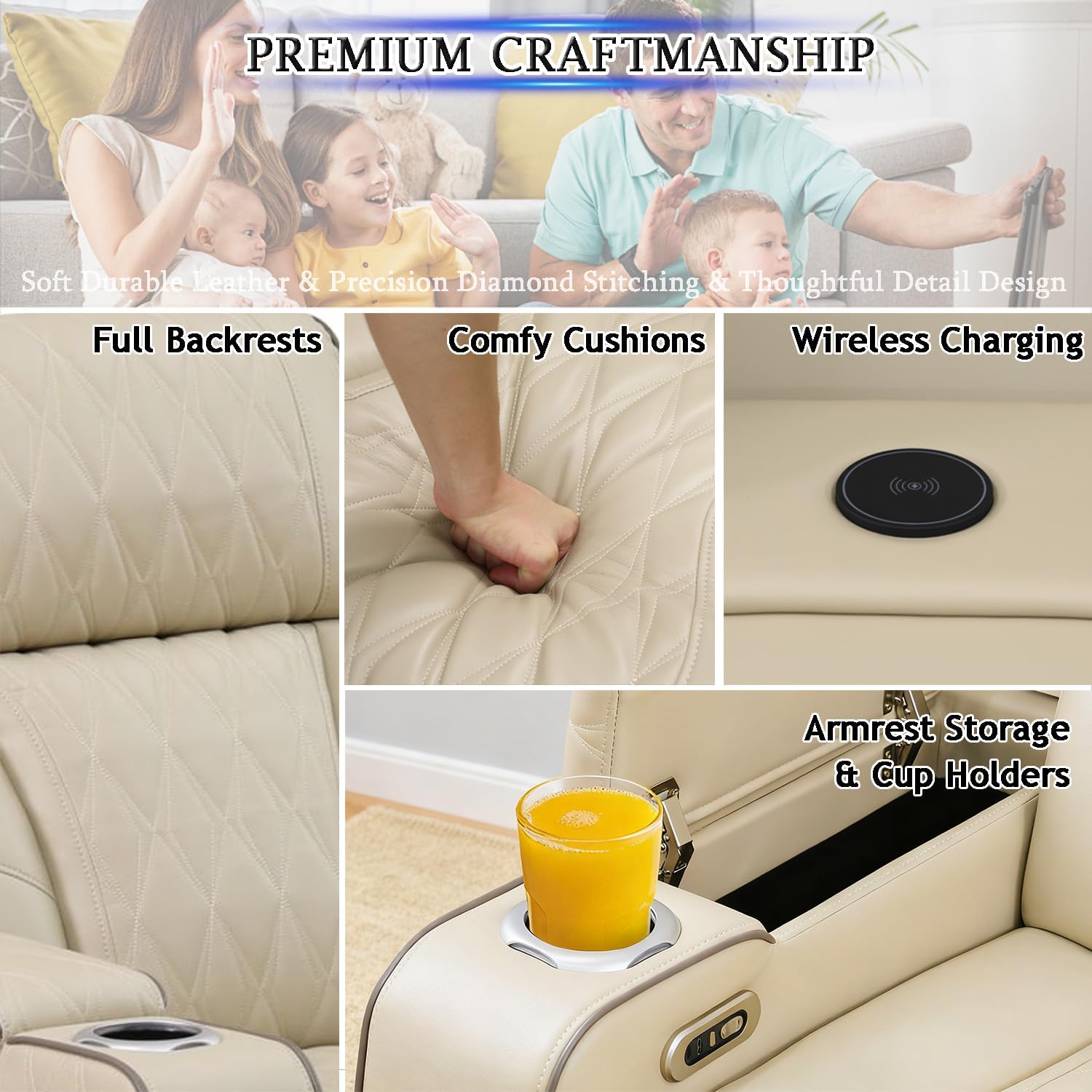 Power Recliner Sectional Sofa for Living Room,Leather Reclining Corner Sectional Couch Set with Double Recliner Seats,Cup Holder,Storage Console for Home Theater Seating,Beige