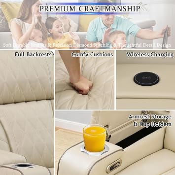 Power Recliner Sectional Sofa for Living Room,Leather Reclining Corner Sectional Couch Set with Double Recliner Seats,Cup Holder,Storage Console for Home Theater Seating,Beige