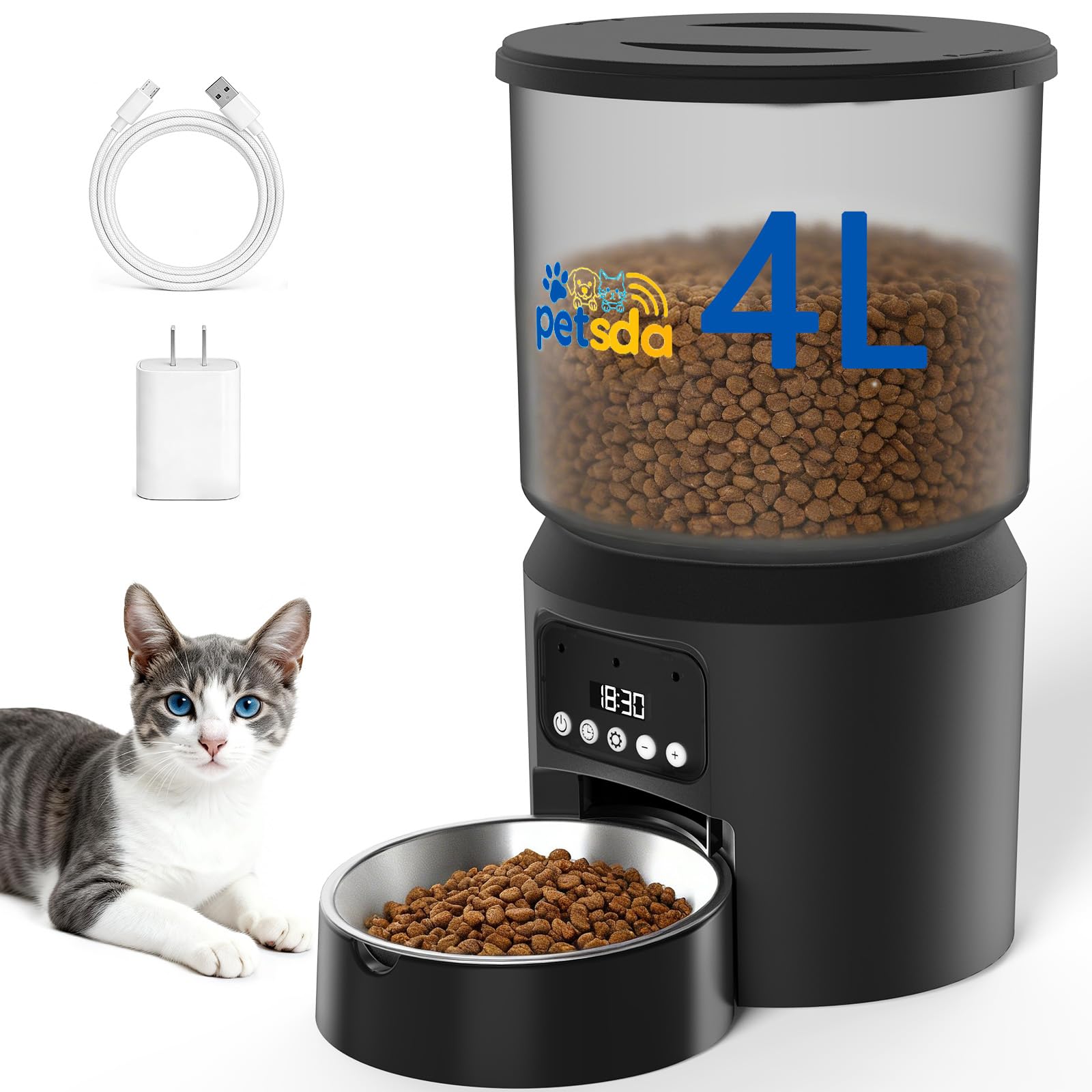 PETSDA Automatic Cat Feeders, 4L Timed Cat Dry Food Dispenser Auto Pet Feeder for Cats and Small Dogs Dual Power Supply 9 Meals Programmable 1-15 Portion Per Day with Stainless Bowl Easy Clean