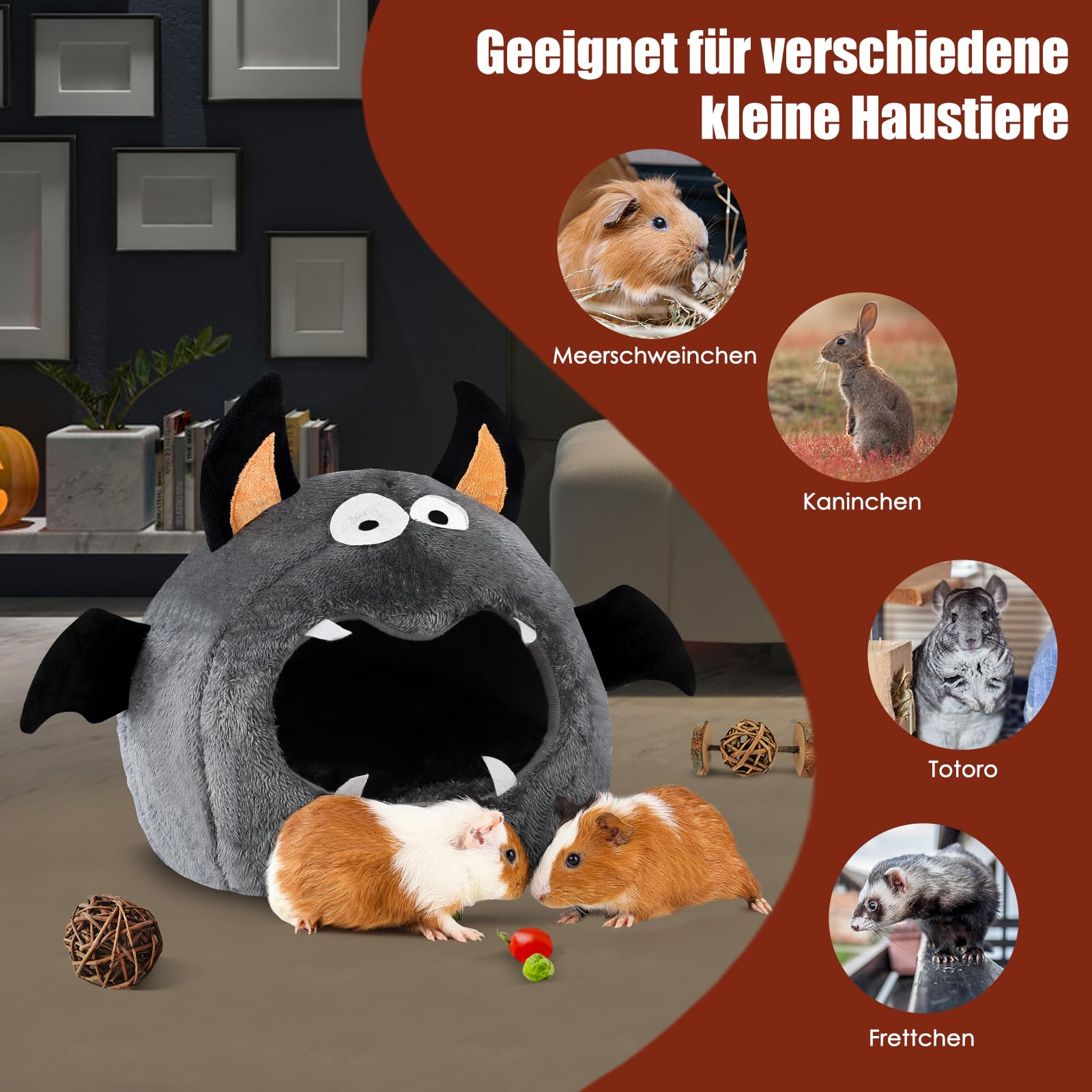 Meerschweinchen Haus, Halloween Stil Meerschweinchen Bett, Kaninchenbett, Kaninchen Haus, ideales Zubehoer für kleine Haustiere, Fledermaus Form, Dunkel Grau - 5