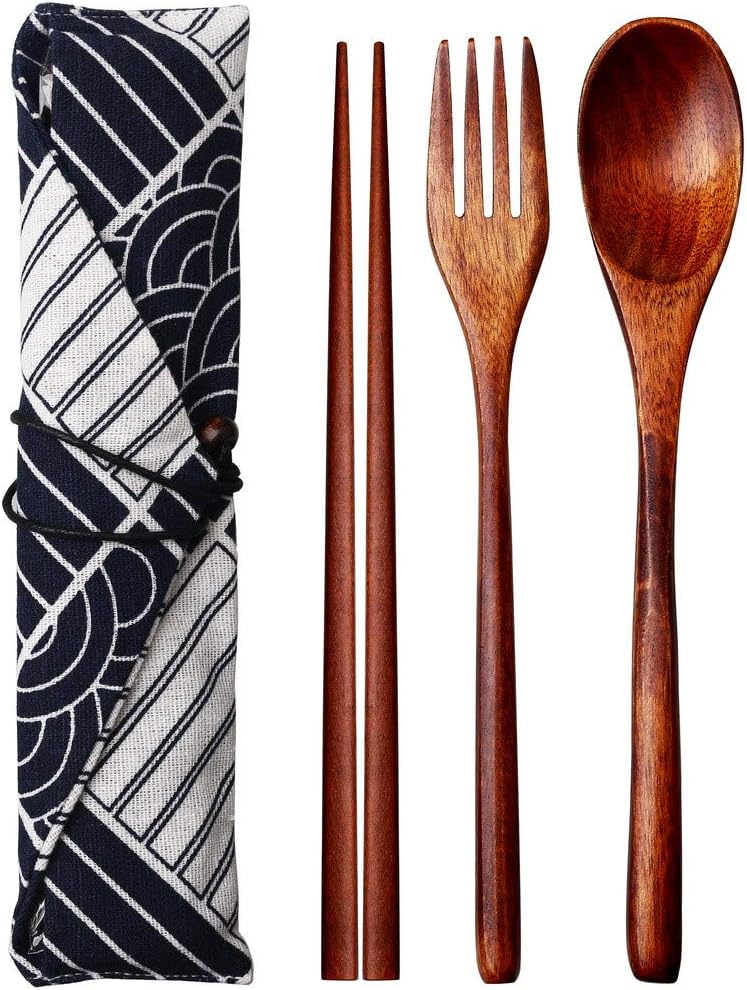 Wooden Tableware,3PCS Japanese Style Wooden Cutlery Set in an Oriental Style Pouch with 1 x Spoon, 1 x Fork, 1 x Chopsticks with Pouch Sushi Dinnerware Tableware for Family Travel