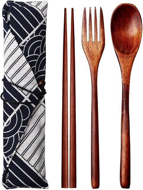 nuoshen Wooden Tableware ,3PCS Japanese Style Wooden Cutlery Set in an Oriental Style Pouch with 1 x Spoon, 1 x Fork, 1 x Chopsticks with Pouch Sushi Dinnerware Tableware for Family Travel