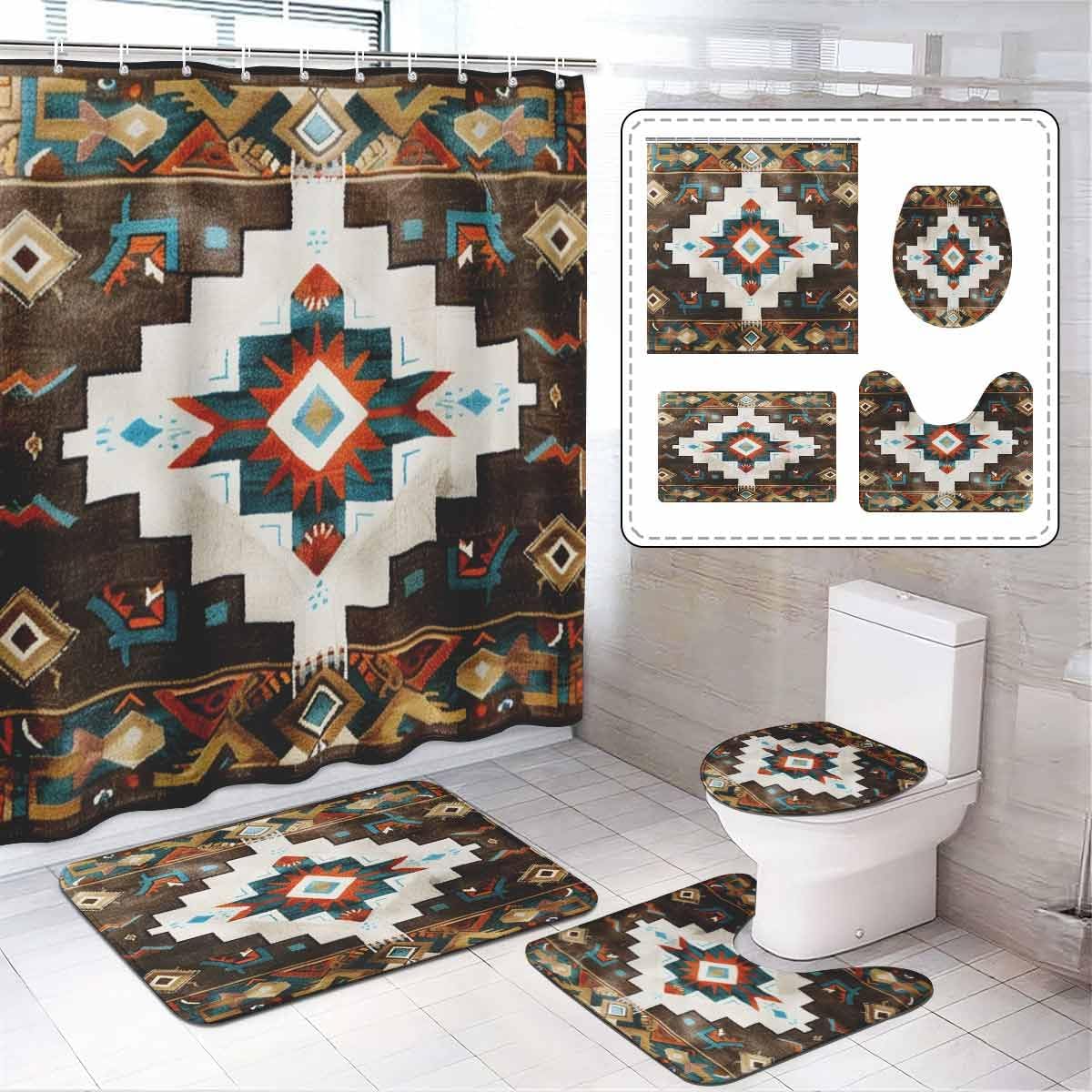Southwestern Navajo Bathroom Set, 4 Piece Bath Mat Set with Shower Curtain, Native American Aztec Pattern, Brown and Turquoise