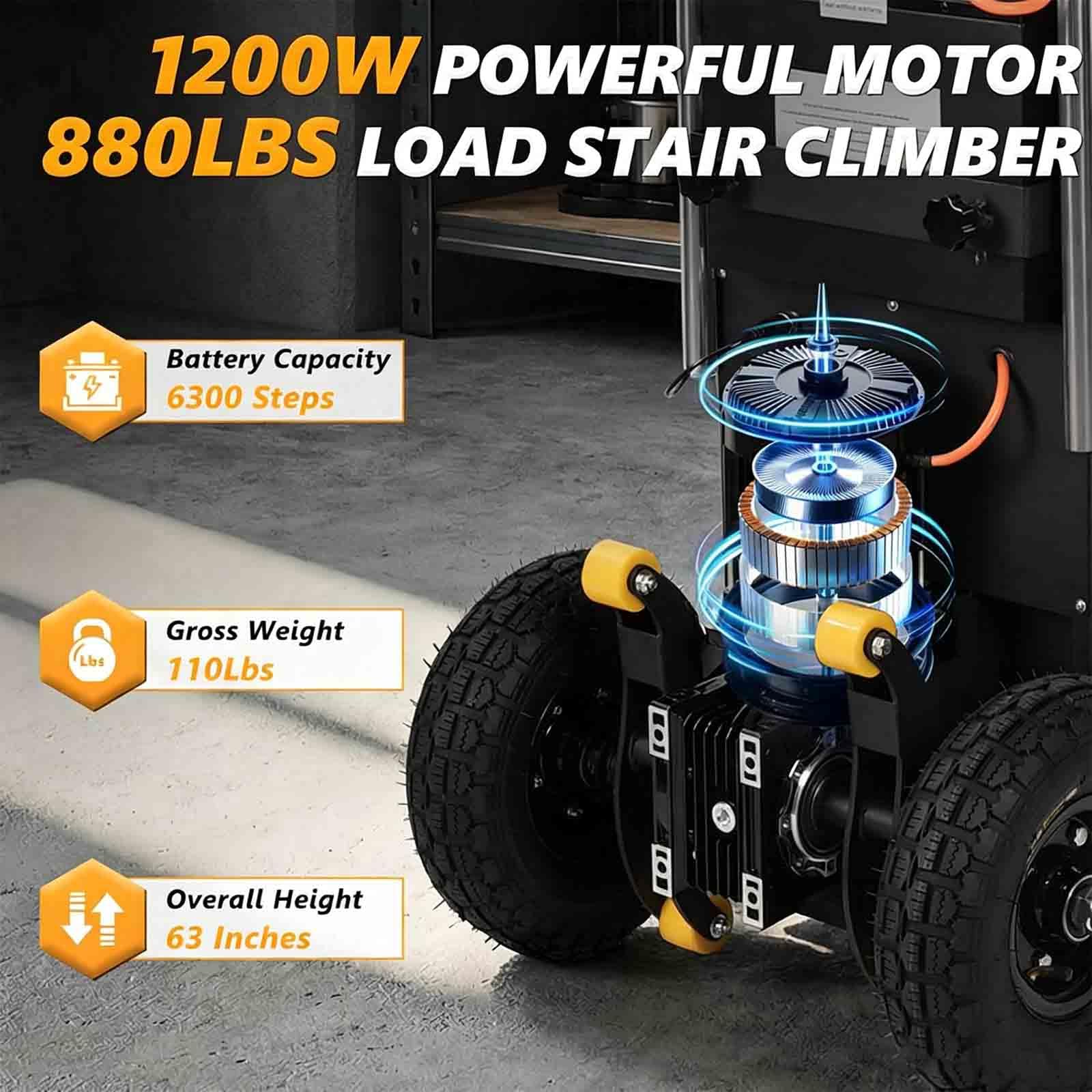 Carrello Elettrico da 1200 W, Batteria Rimovibile, Salire Le Scale Pesanti con Corda di Sicurezza e Pompa ad Aria per Il Trasporto di mobili, Facile da Usare e Portatile,001