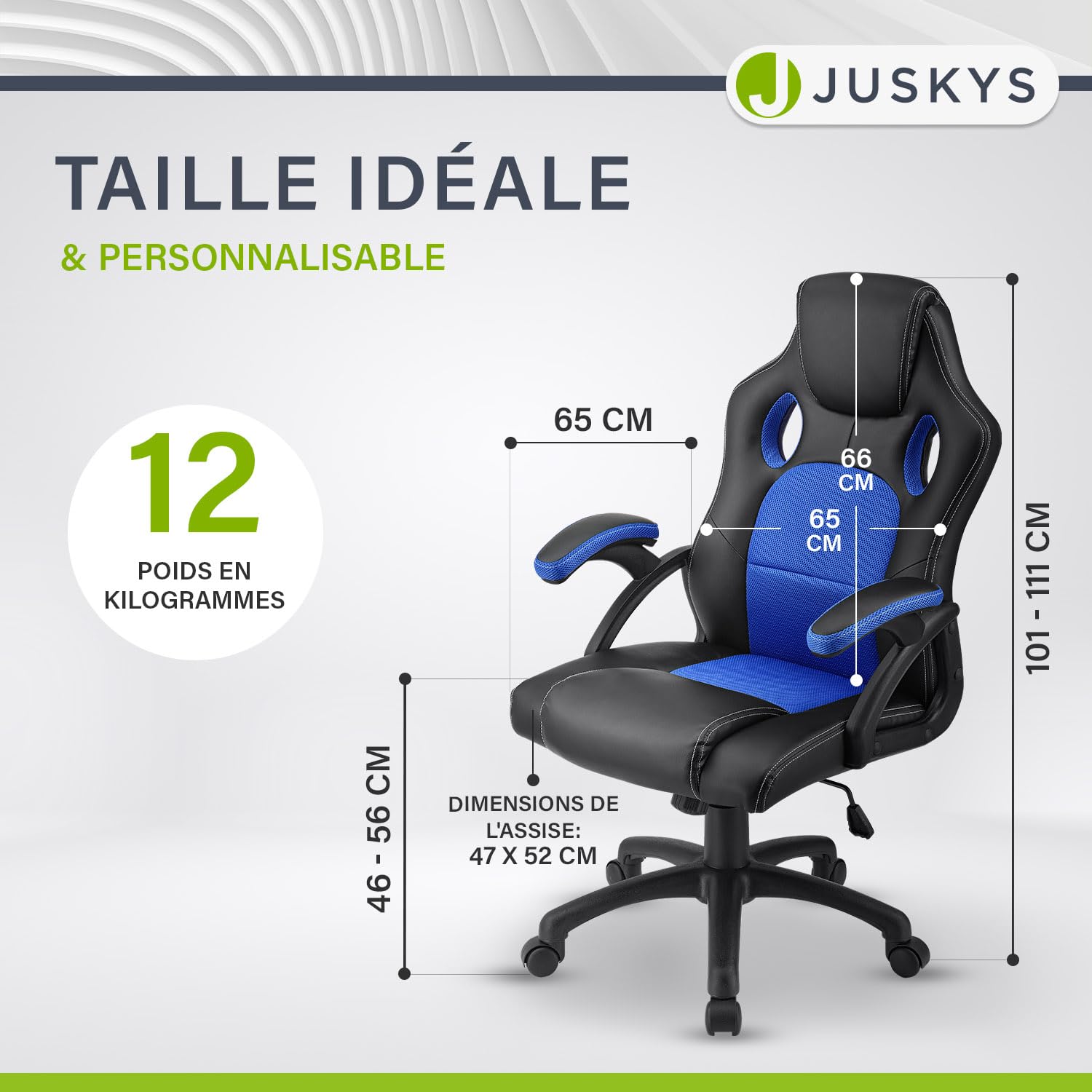 Juskys Chaise de Bureau Montreal Racing Chaise de Bureau Ergonomique réglable en Hauteur et rembourrée Chaise pivotante Chargeable 120 kg Chaise de Jeu PC (Bleu) (52D x 47W x 111H cm)