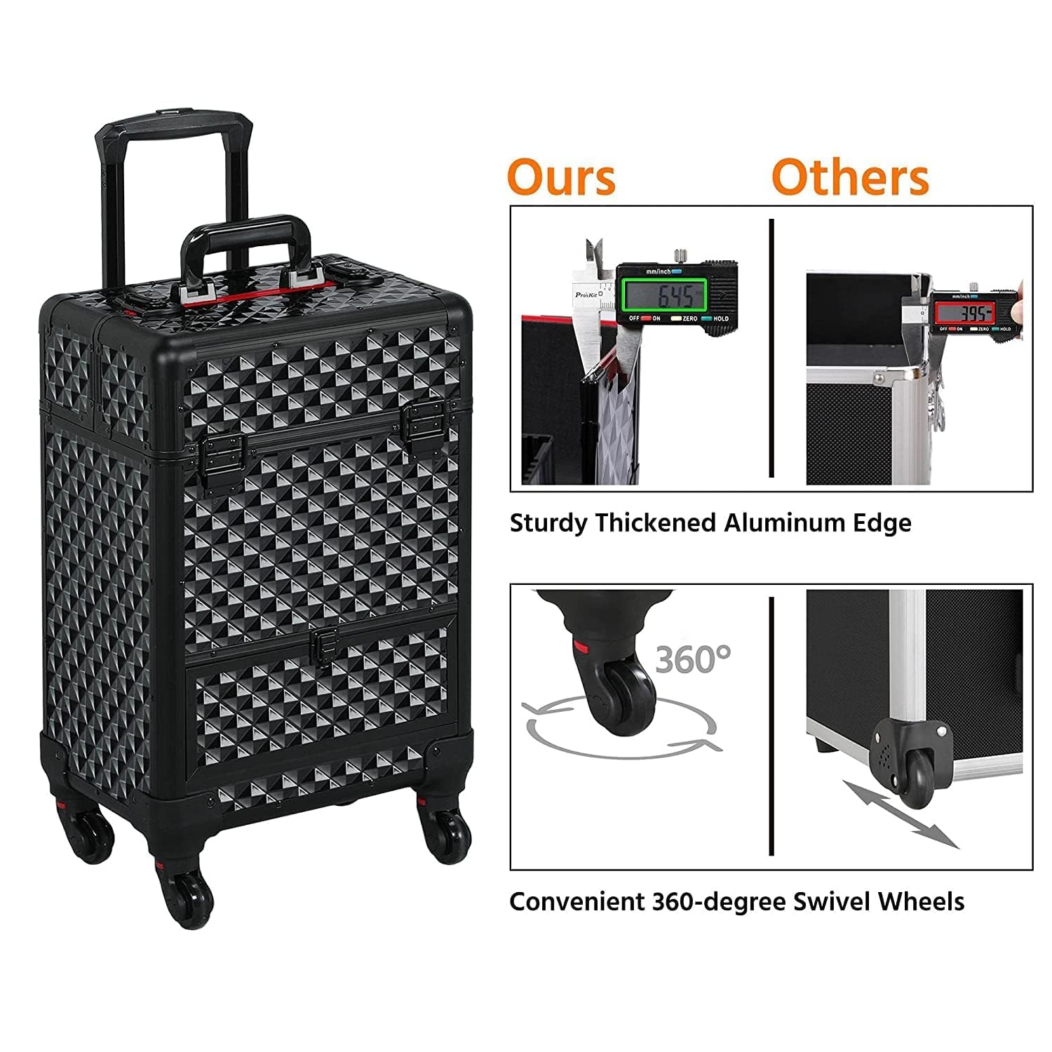 SHAMAX® Professional Rolling Makeup Case, Cosmetic Organizer Trolley, Manicure Storage Vanity Locks- Trolley for Hairdressers, Salons, Beauty Lovers - 360- Degree Universal Wheels (8163 Black) - Image 2 thumbnail