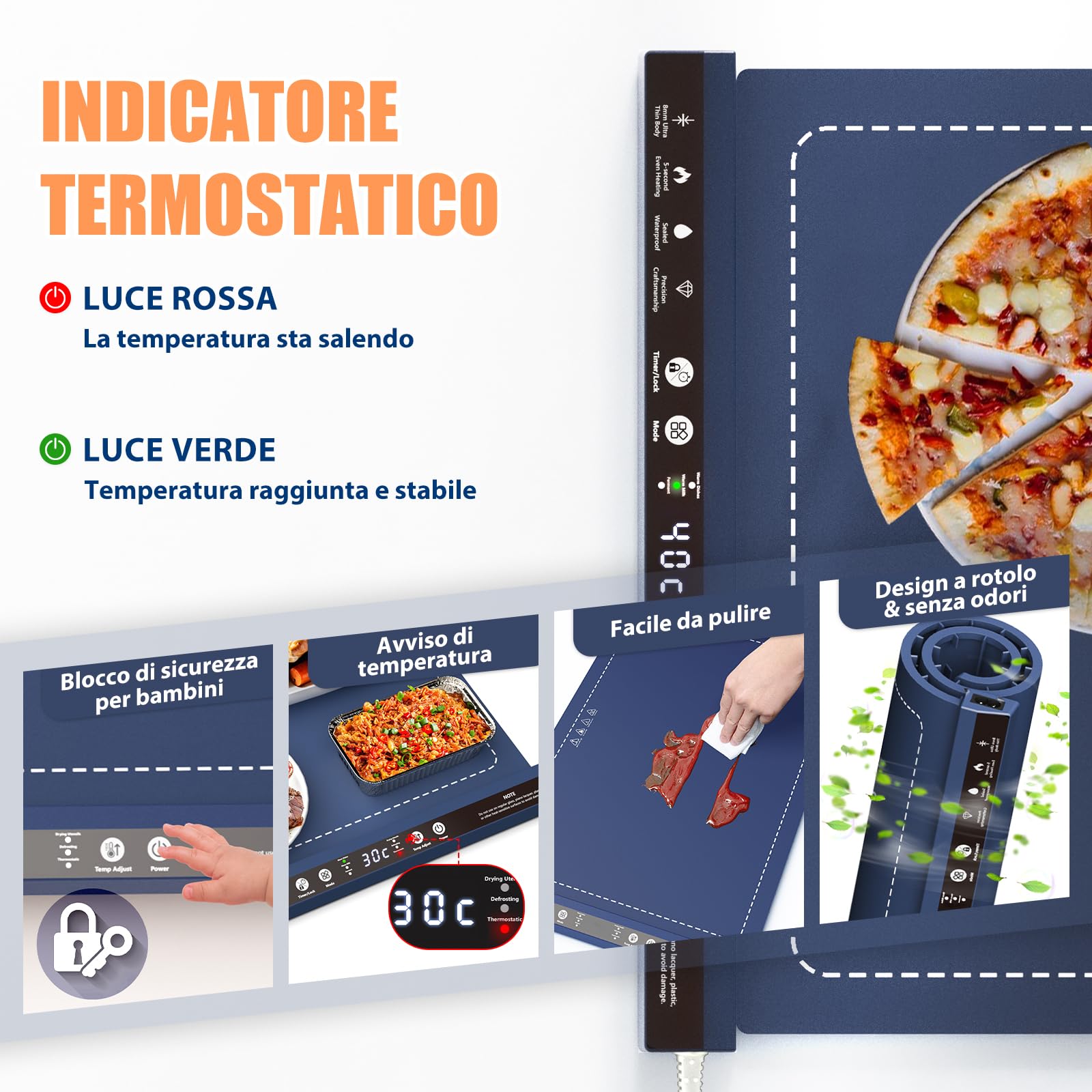 Tappetino Elettrico Scaldavivande, Tappetino Scaldante per Alimenti a Superficie Intera, Vassoio Riscaldante in Silicone per Feste a Buffet, 30~100°C Regolabili, Mantiene Caldo per 24H