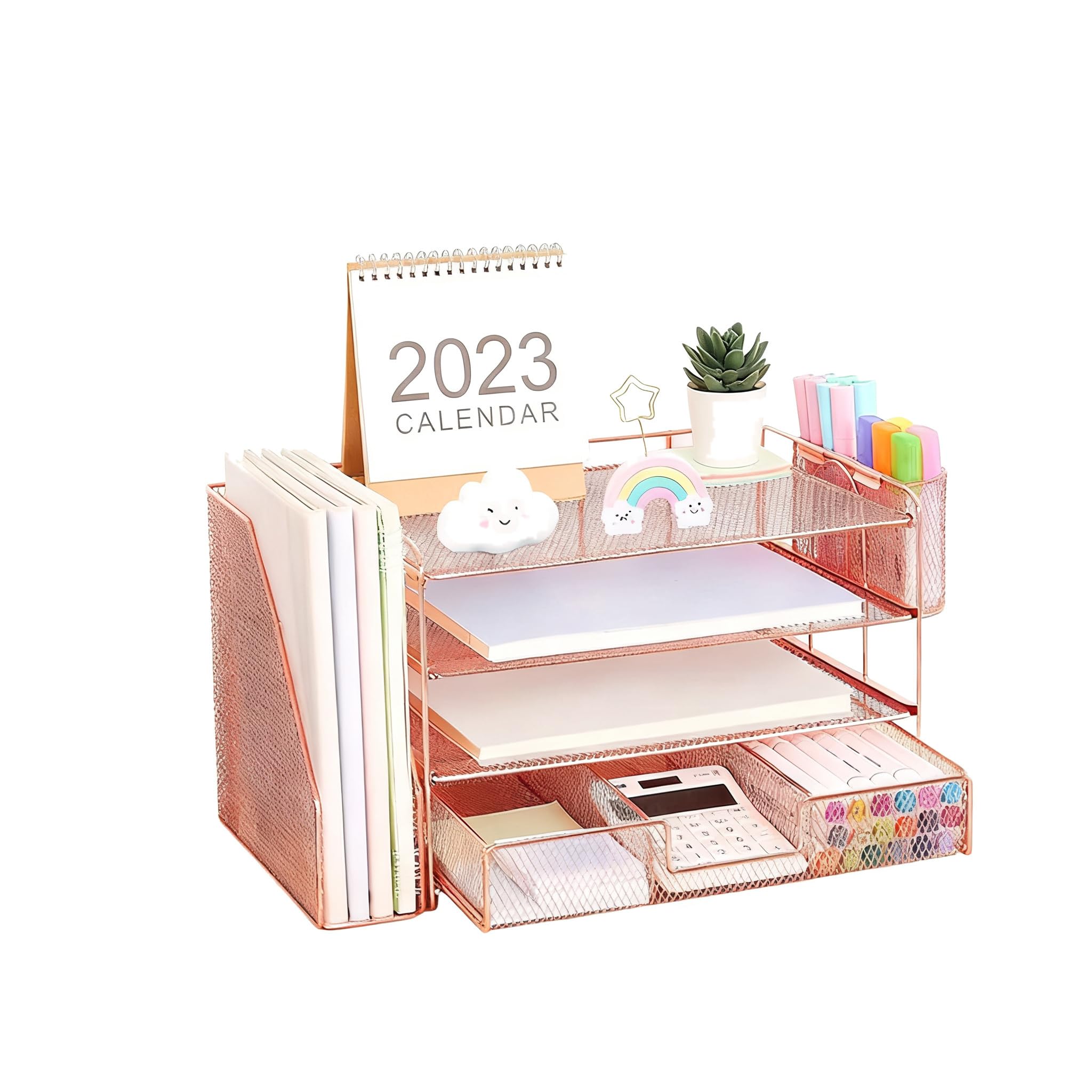 YIXANNX Multi Tier Organization Desk File Rack Metal File Organizer, rose gold
