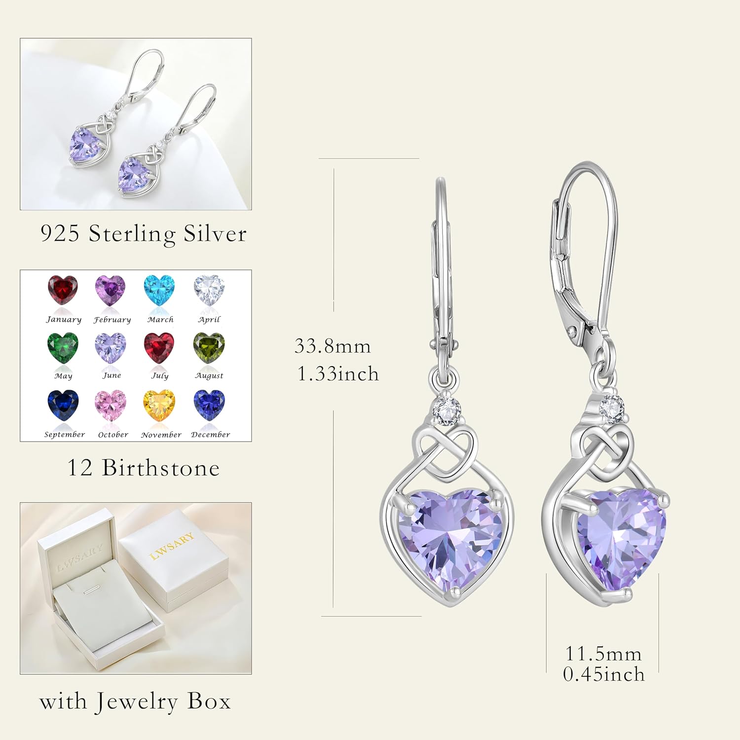 Infinity Celtic Knot Earrings for Women 925 Sterling Silver Heart Birthstone Dangle Drop Leverback Earrings Irish Jewelry for Her