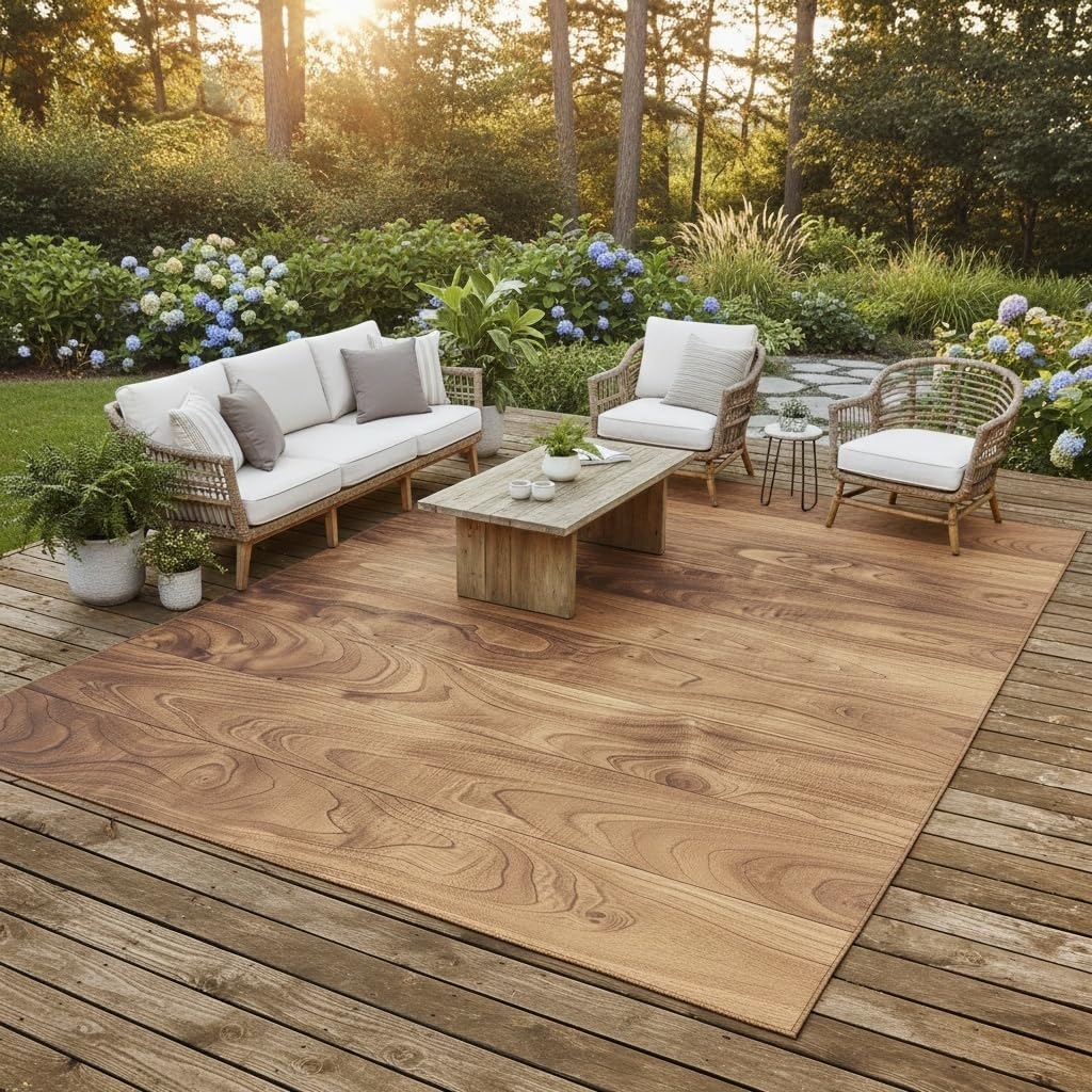 Washable Natural Wood Grain Outdoor Rug 3x8 Brown Rustic Wooden Board Outdoor Area Rug for Balcony Backyard Patio Porch Durable Easy Clean Outside Carpet Waterproof Non Slip Farmhouse Floor Rugs