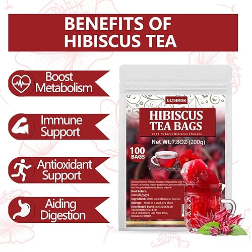 Miniatura 6 de Bolsas de té de hibisco premium, 100 bolsas de té7.06 onzas, flor de hibisco seca 100% pura, natural y sin aditivos, sin cafeína.