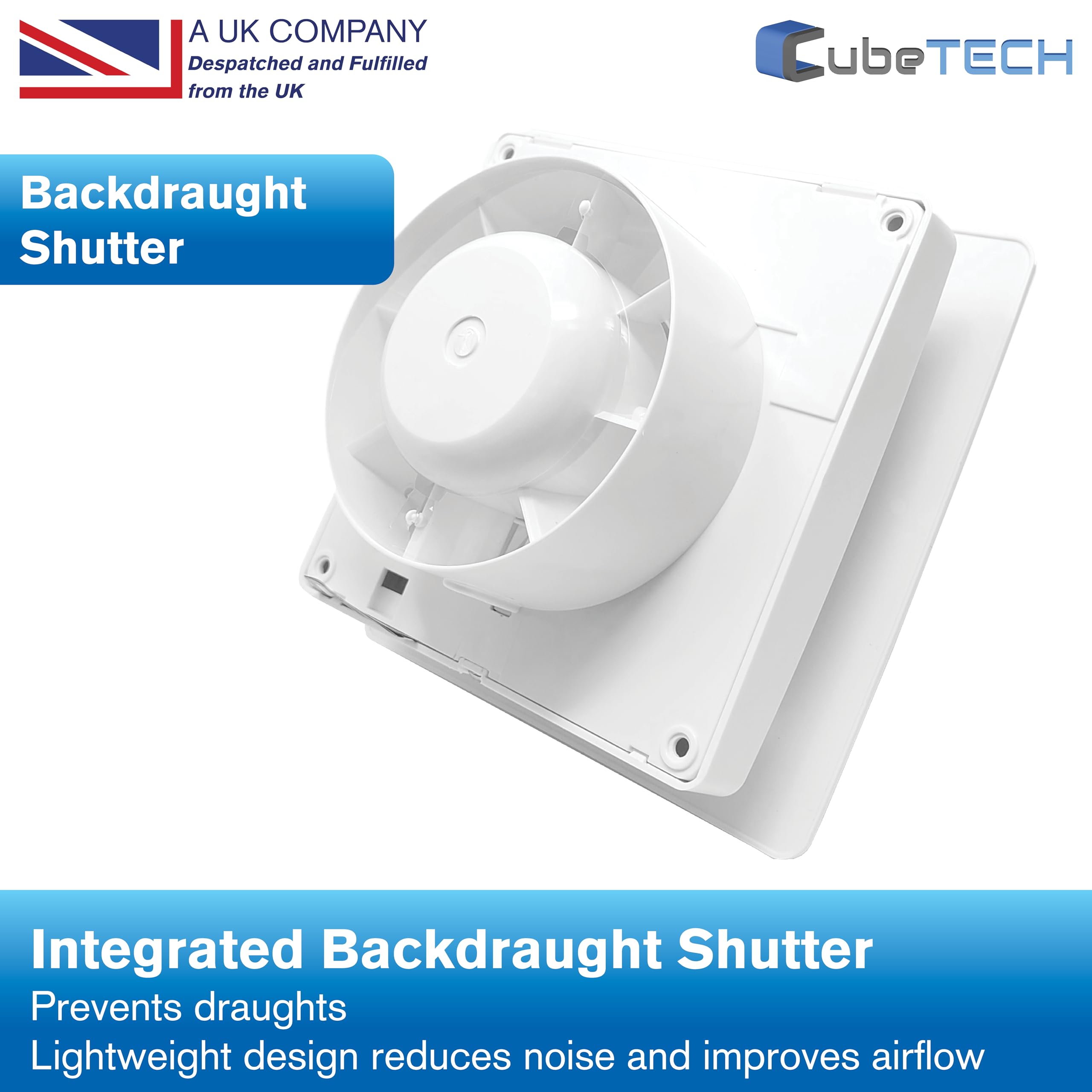 CubeTECH CTEF100t Ventilatore estrattore silenzioso per bagno da 100mm (4") con timer e ritardo di spegnimento. Bianco liscio.