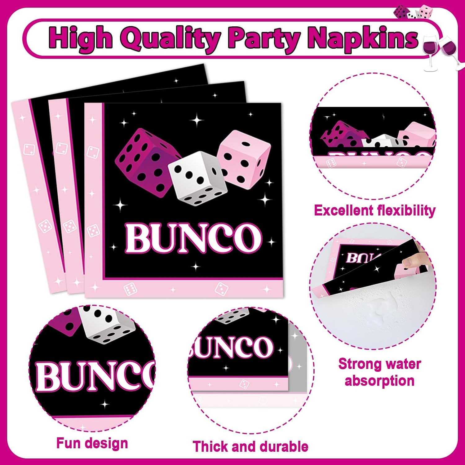 96Pcs Bunco Party Decorations Card Game Themed Tableware Pink Black Bunco Plates Napkins Forks And Napkins Let’s Roll Dinnerware Casino Night Bachelorette Party Supplies for Birthday Serves 24 Guests