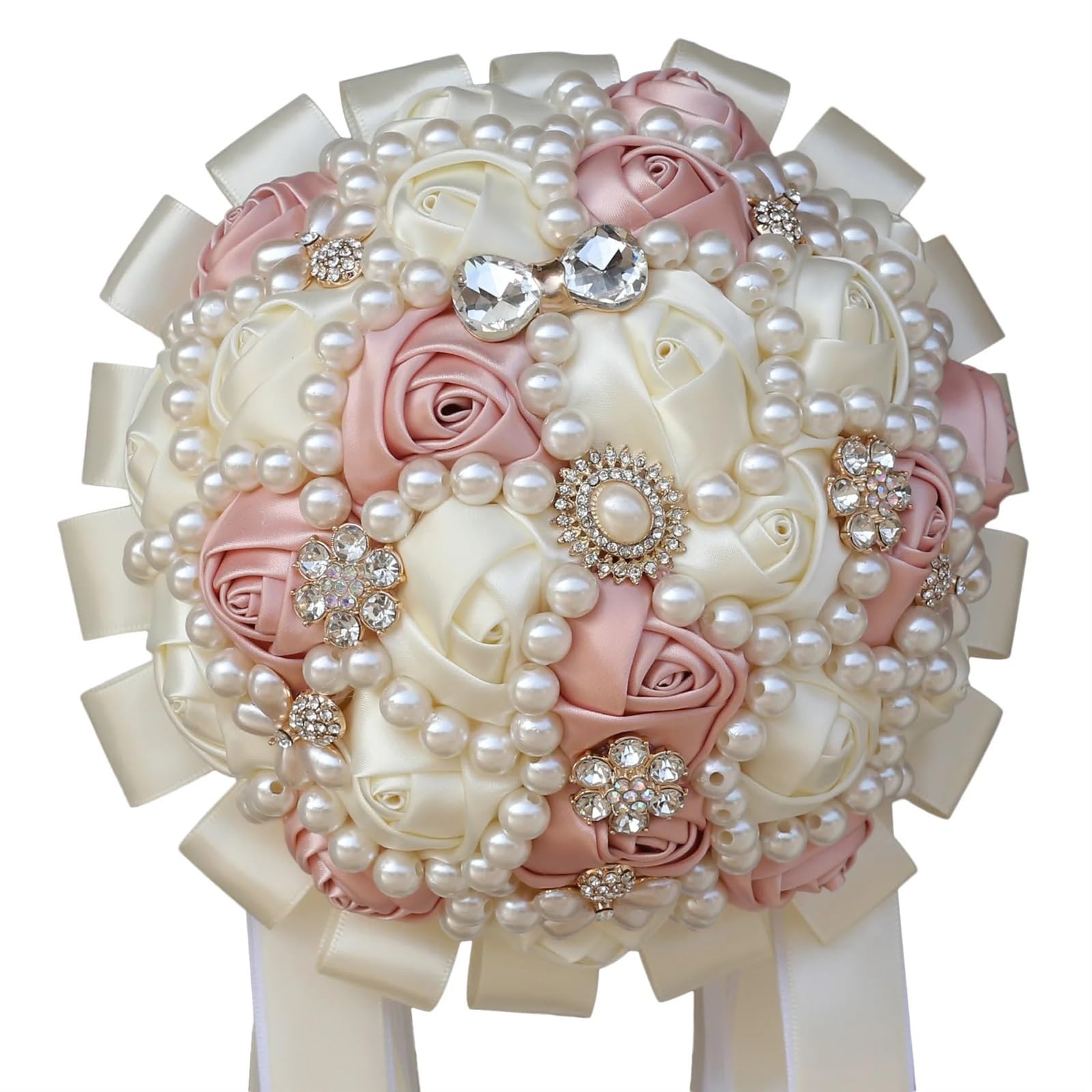 NDLHXKFRP Wedding bouquets for brides and bridesmaids, Wedding Bouquet Bridal Artificial Satin Rose Brooch Pearl Ribbon Diamond(Color 11)