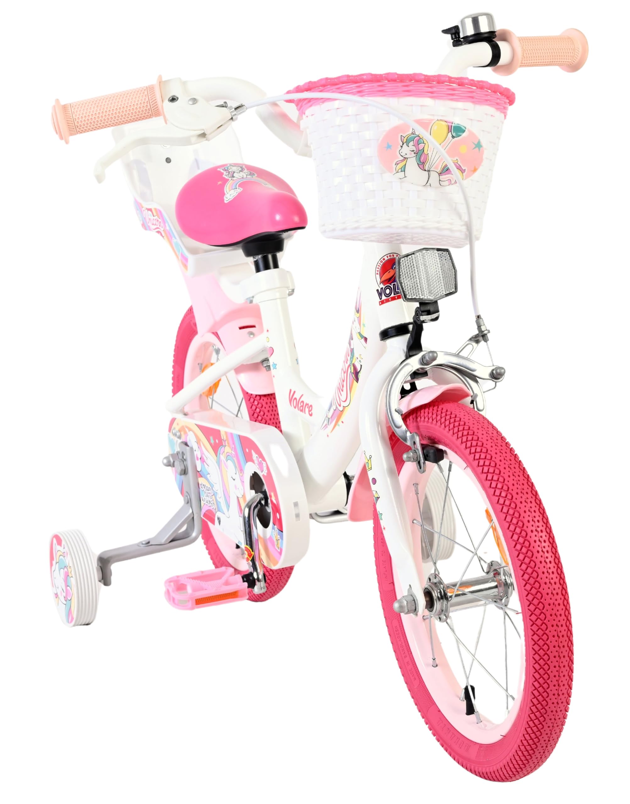 Volare Einhorn Kinderfahrrad Wit | 3,5–5 Jahre | 14-Zoll-Räder | 2 Handbremsen | Stützräder | Verstellbarer Sattel | Puppensitz Achter & Korb voor | Geschenk voor meisjes