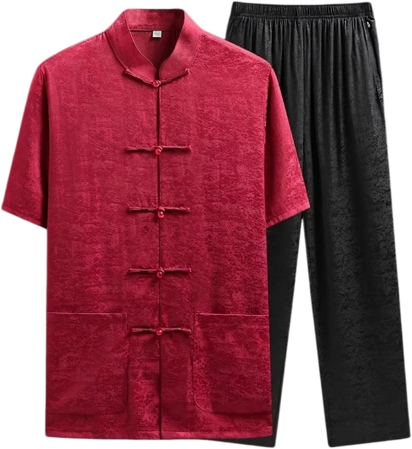 Men's Chinese Tang Suit Set Short Sleeve Jacquard Top and Pants Lightweight Casual 2 Piece Outfit