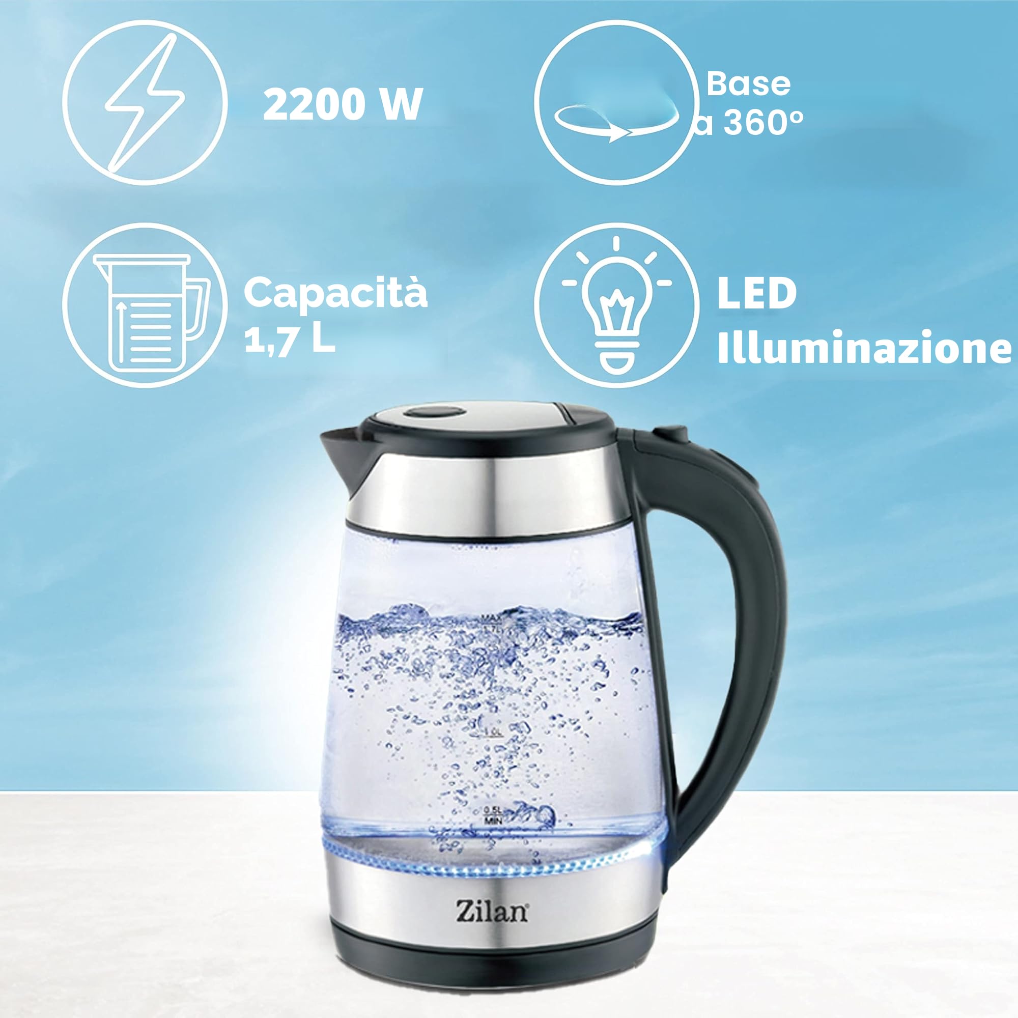 Bollitore in vetro con luce a LED, Cordless, Alloggiamento a Doppia Parete, Protezione contro l'Ebollizione a Secco, 2200 Watt