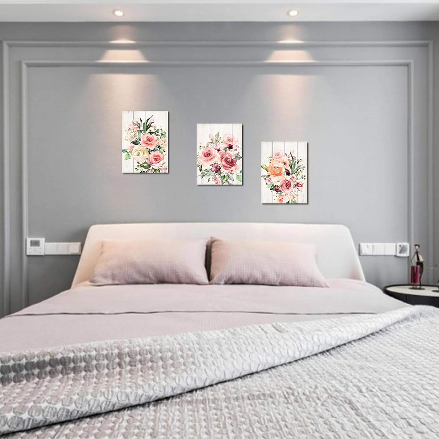 Pink Flower Home Decor Bathroom Wall Art Canvas Framed Wall Art for Girls Bedroom Bathroom Pictures Wood Grain Kitchen Modern Wall Decor Colorful Artwork for Walls Decoration Size 12x16 Each Panel