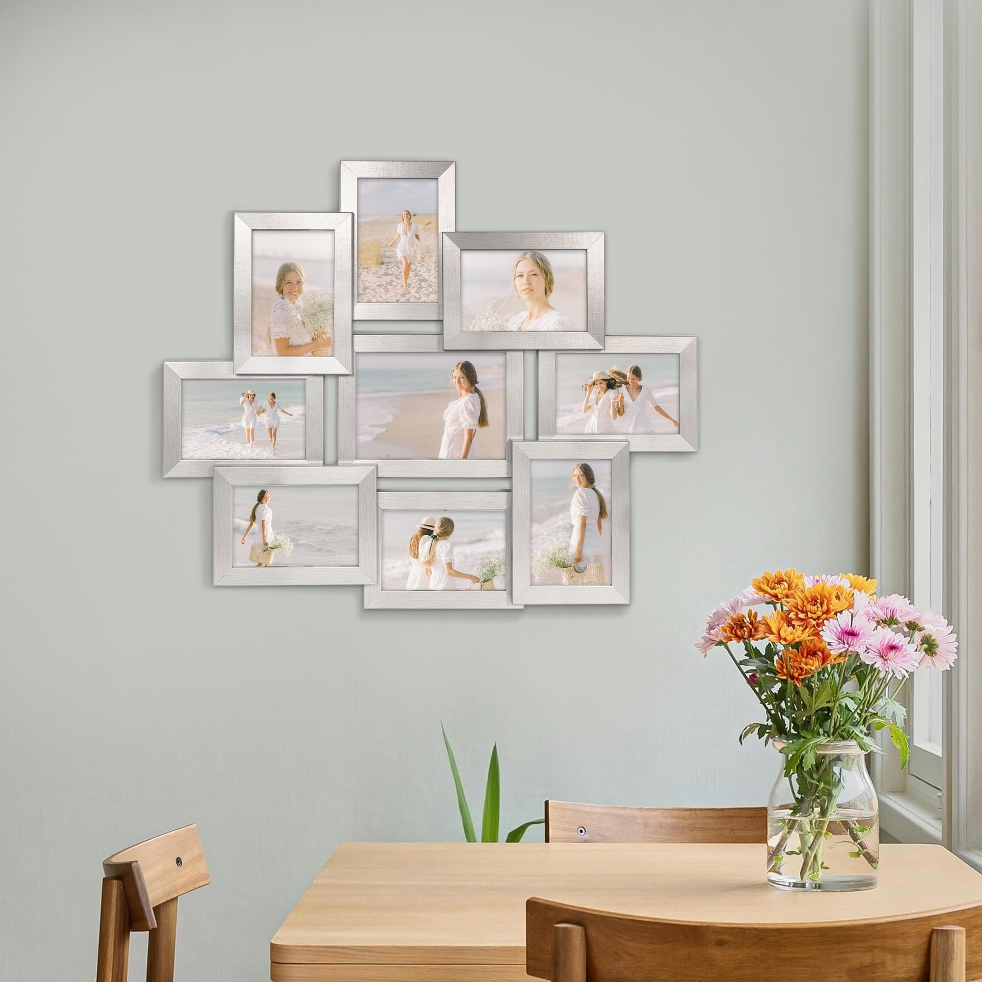 Multirahmen für 9 Fotos – Bilderrahmen Collage aus MDF Holz mit bruchsicherem Plexi – Modern & vielseitig – Hergestellt in der EU – Silber