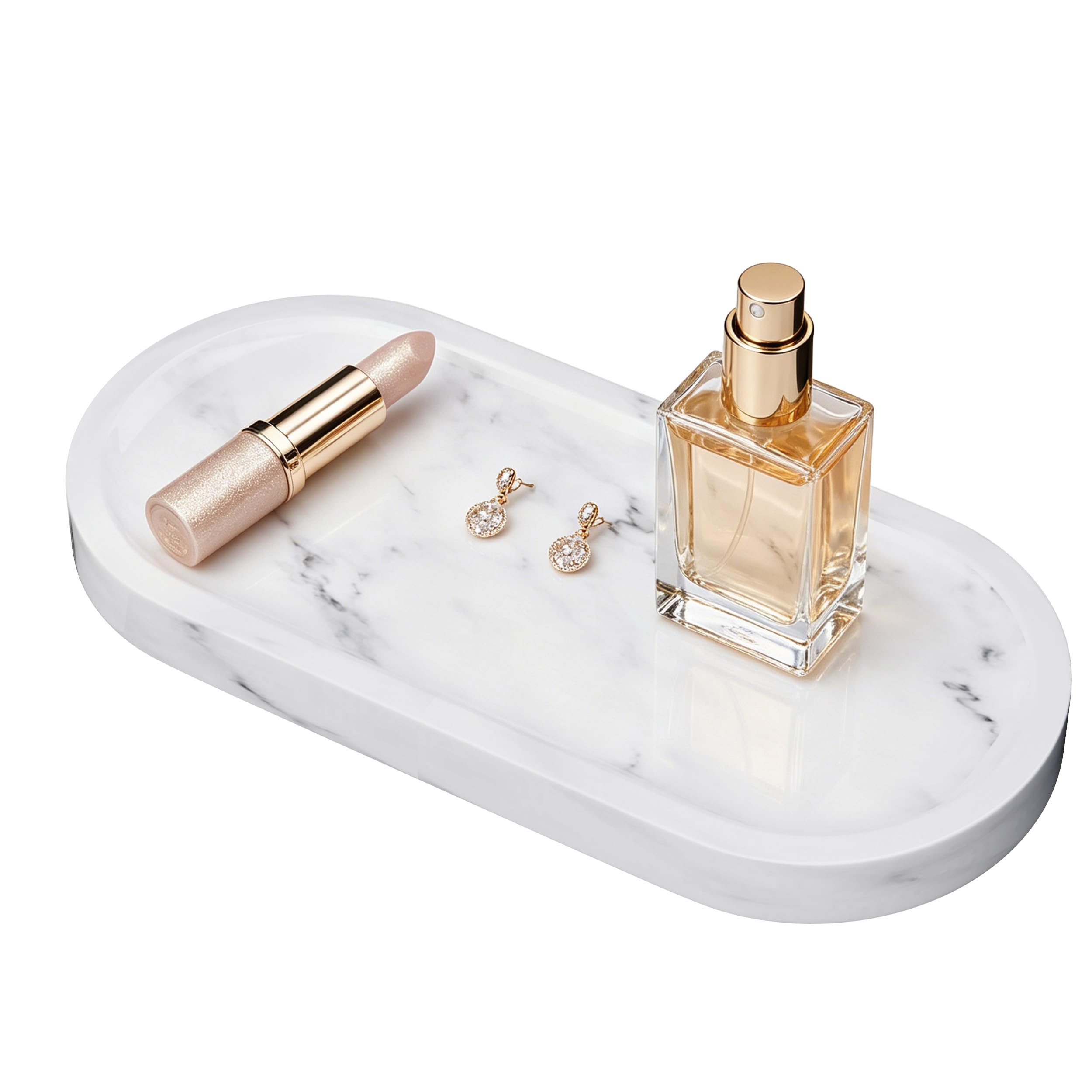 Plateau Decoratif Elliptique en Marbre,25x12x1.8cm,Blanc Carrara