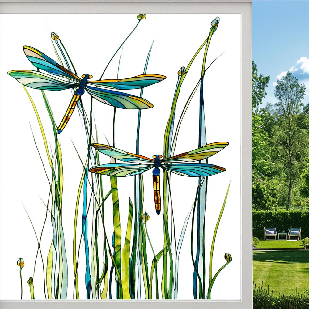 Natural Dragonfly Privacy Window Film, Colorful Reeds Grass Frosted Self-Adhesive Vinyl Cling for Glass Doors Bathroom Windows Sun Blocking Heat Control, （40x80cm）