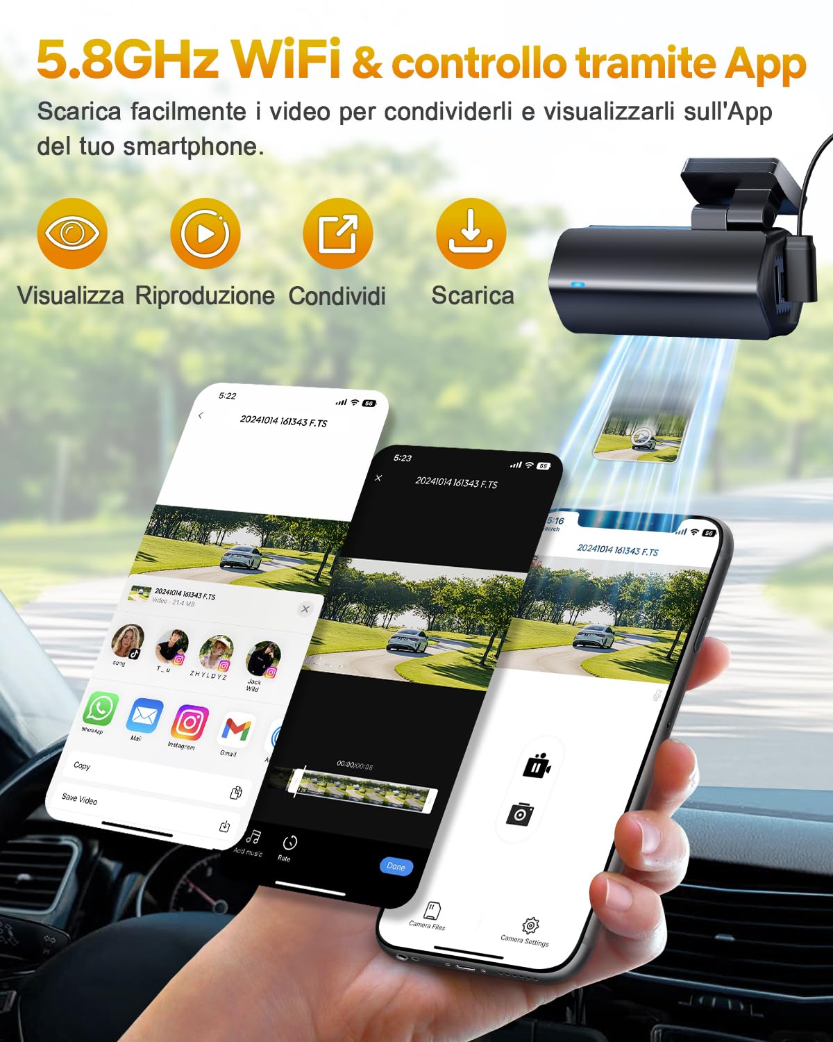 GKU Dash Cam Auto 4K,Dash Cam con UHD 2160P,DashCam Auto con WiFi integrato,Scheda SD 64G,24H Parking Monitor DashCam,Super Visione Notturna,170°Grandangolo,WDR,G-Sensor,Registrazione in Loop,Max 256G