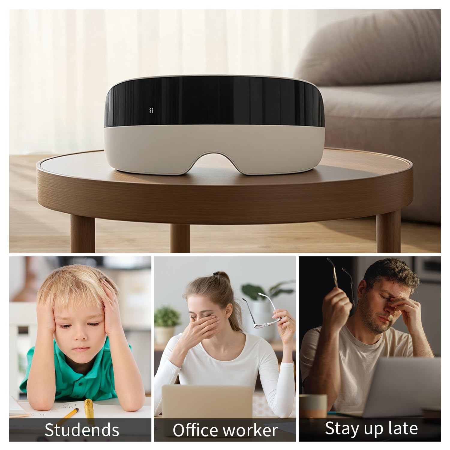 PHOFAY Masajeador de ojos con música, calefacción, modos de compresión, diadema ajustable, dispositivo portátil recargable para el cuidado de los ojos para relajación y alivio de la fatiga (negro y