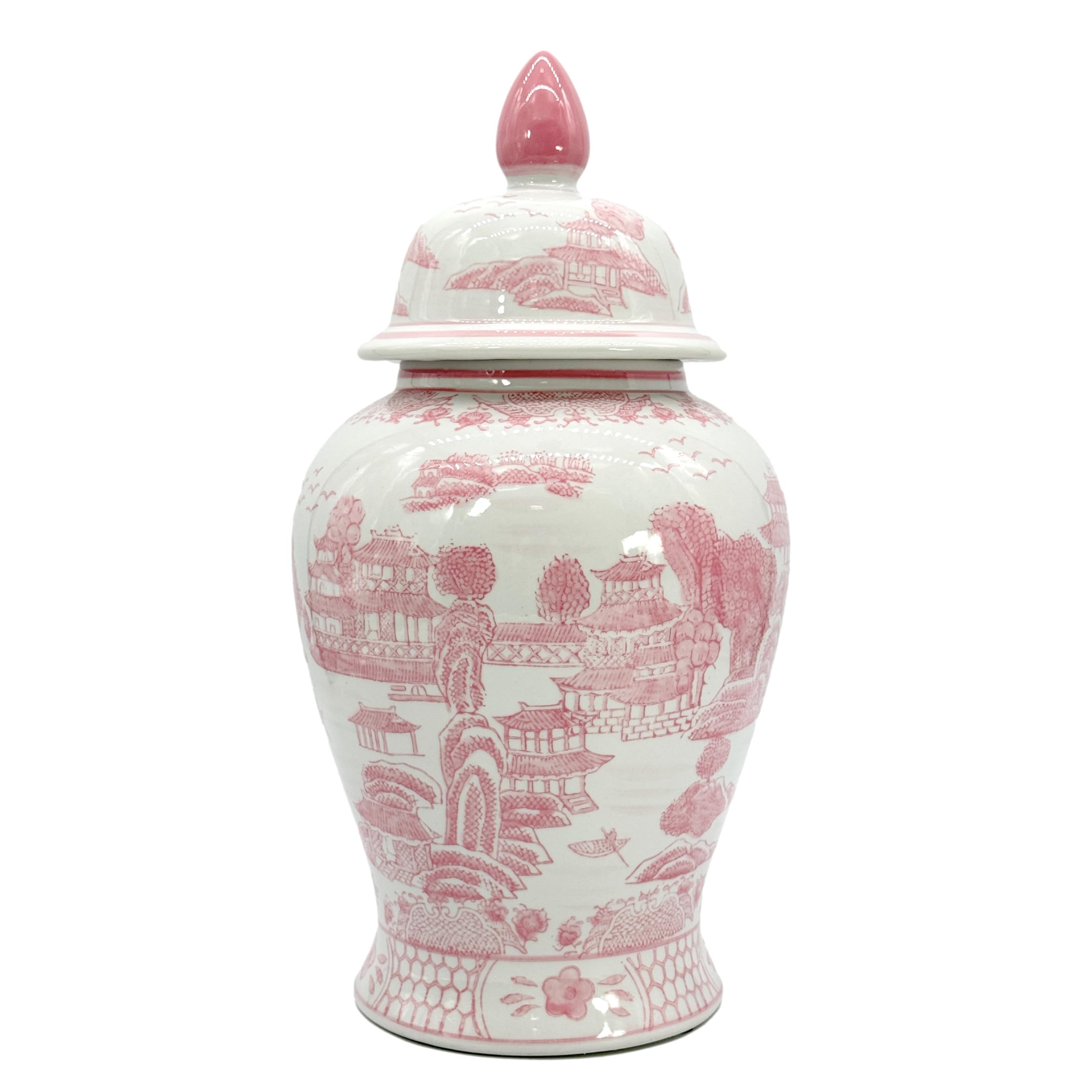 Galt International Pink Floral Chinoiserie Ceramic Temple Jar 18 w Lid - Ginger Jar Home Kitchen Decor for