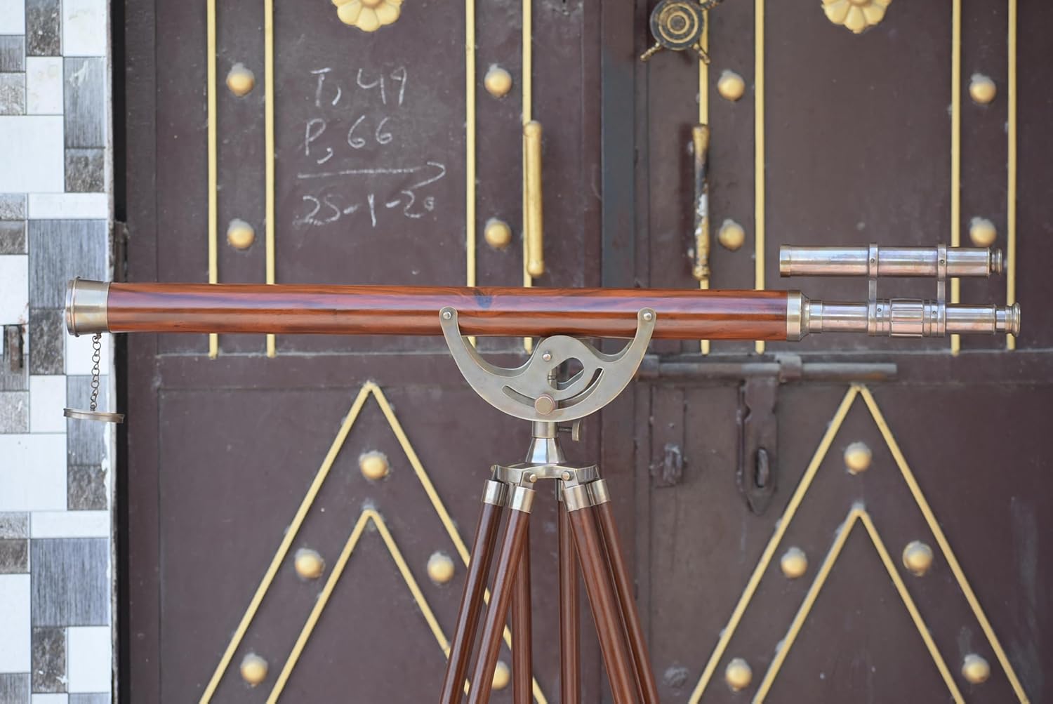 Vintage Maritime Anchor Master Telescope Brass Adjustable Wooden Tripod Royal Educational Telescopes Double Barrel Brown Leather Nautical Home Decor & Office (Antique)