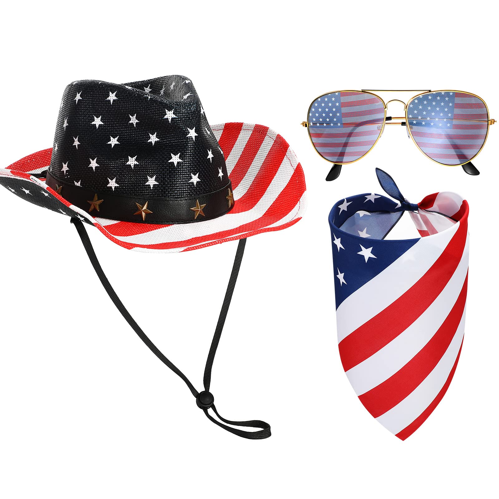 3 Pcs American Flag Cowboy Hat with Bandana Glasses and Strap