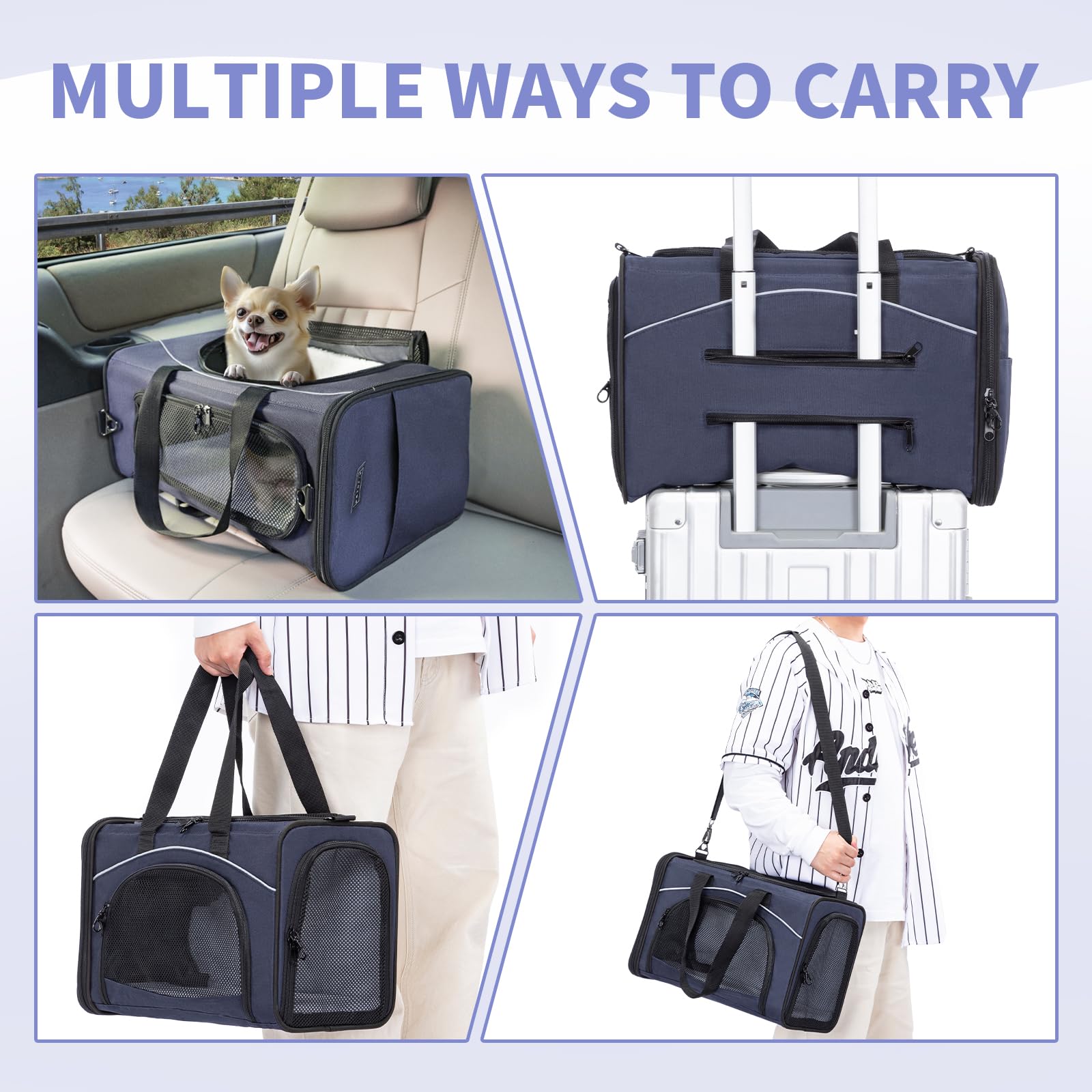 Petsfit Transportin Gato Plegable, Bolsa para Gatos & Perros para Aviones, Trasportines Gato Perro Apto para Coches & Trenes, Azul