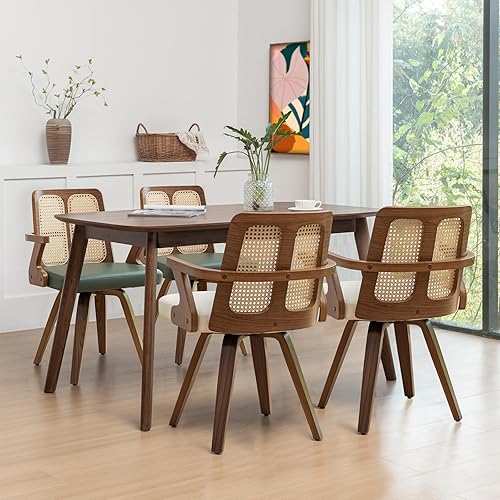 Miniatura 4 de Juego de 2 sillas de comedor de nogal  Sillas de comedor giratorias de ratán con marco de madera curvada con respaldo ergonómico de bastón, brazos