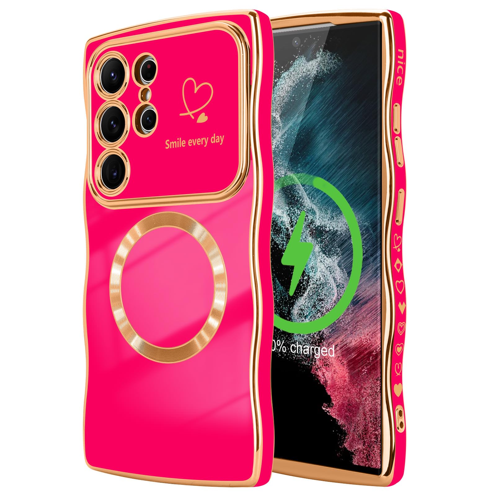 LCHULLE for Samsung Galaxy S22 Ultra Case for Women Girls [Compatible with MagSafe] Cute Curly Wave Shape, Magnetic Love Heart with Camera Lens Cover