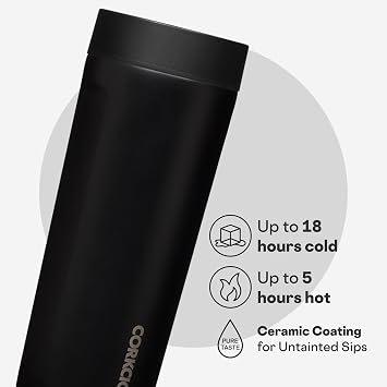 Corkcicle Commuter Cup Travel Mug - Insulated Coffee Mug with Lid - Keeps Drinks Cold 18 Hours - 360 Spill-Proof Sip Lid - Holiday Gift - Great for Gifting Warmth - 17 oz - Matte Black