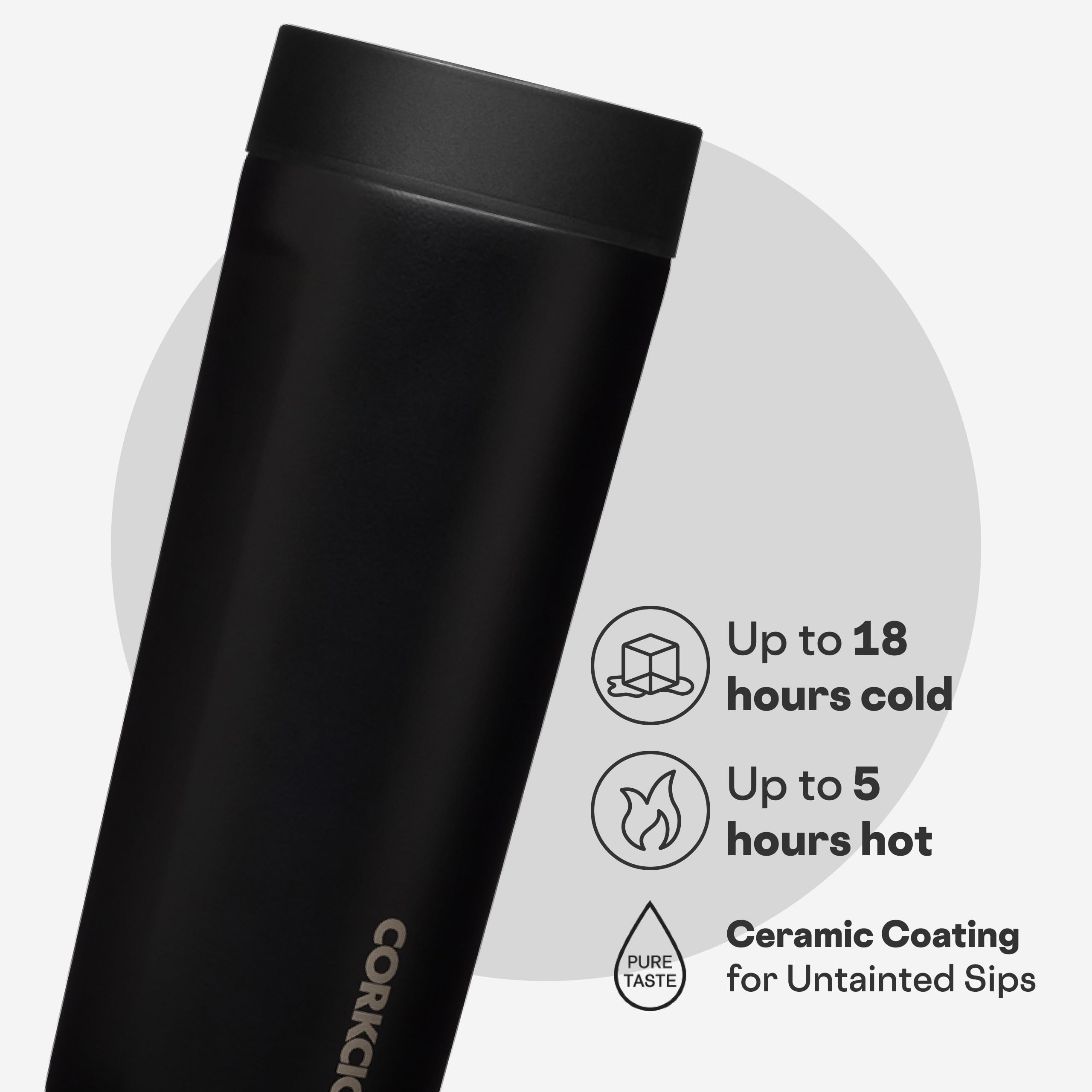 Corkcicle Tasse à café isotherme en acier inoxydable anti-déversement pour garder les boissons froides pendant 9 heures et chaudes pendant 3 heures, noir mat, 500 ml