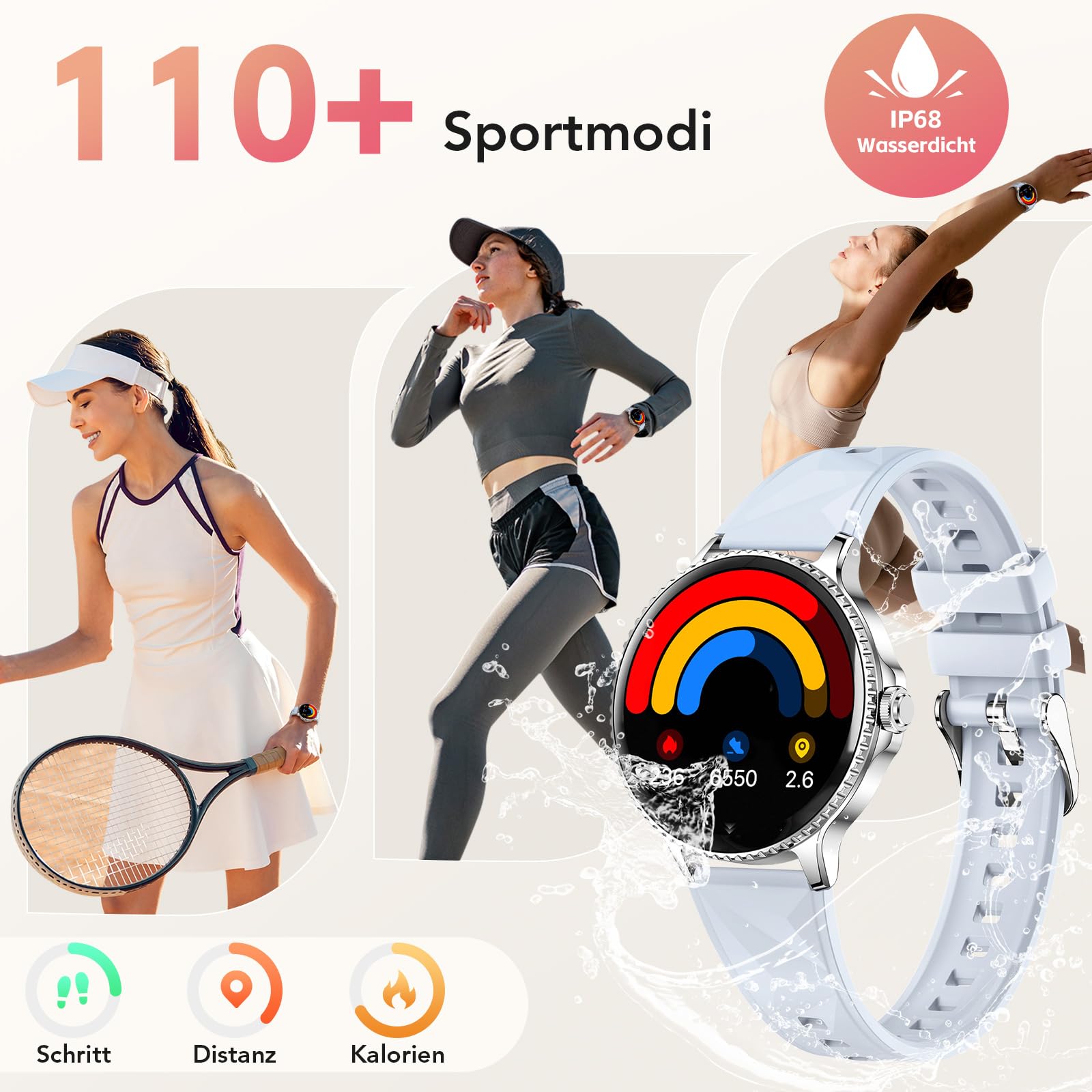 CIVO Smartwatch Damen Rund Silber 41mm: Fitness Tracker Demenuhr Schrittzähler Wasserdicht - Bluetooth-Anrufe Smart Watch für iOS Android Blau