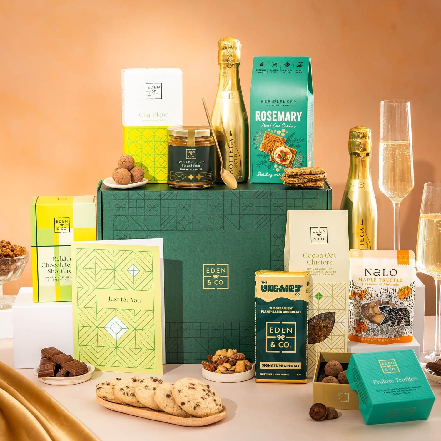 Just Because Vegan Gift Hamper Basket, Luxury Gourmet Gifts for Women, Men, Couples, with Vegan Chocolate by EDEN & CO - Plus 1 Prosecco