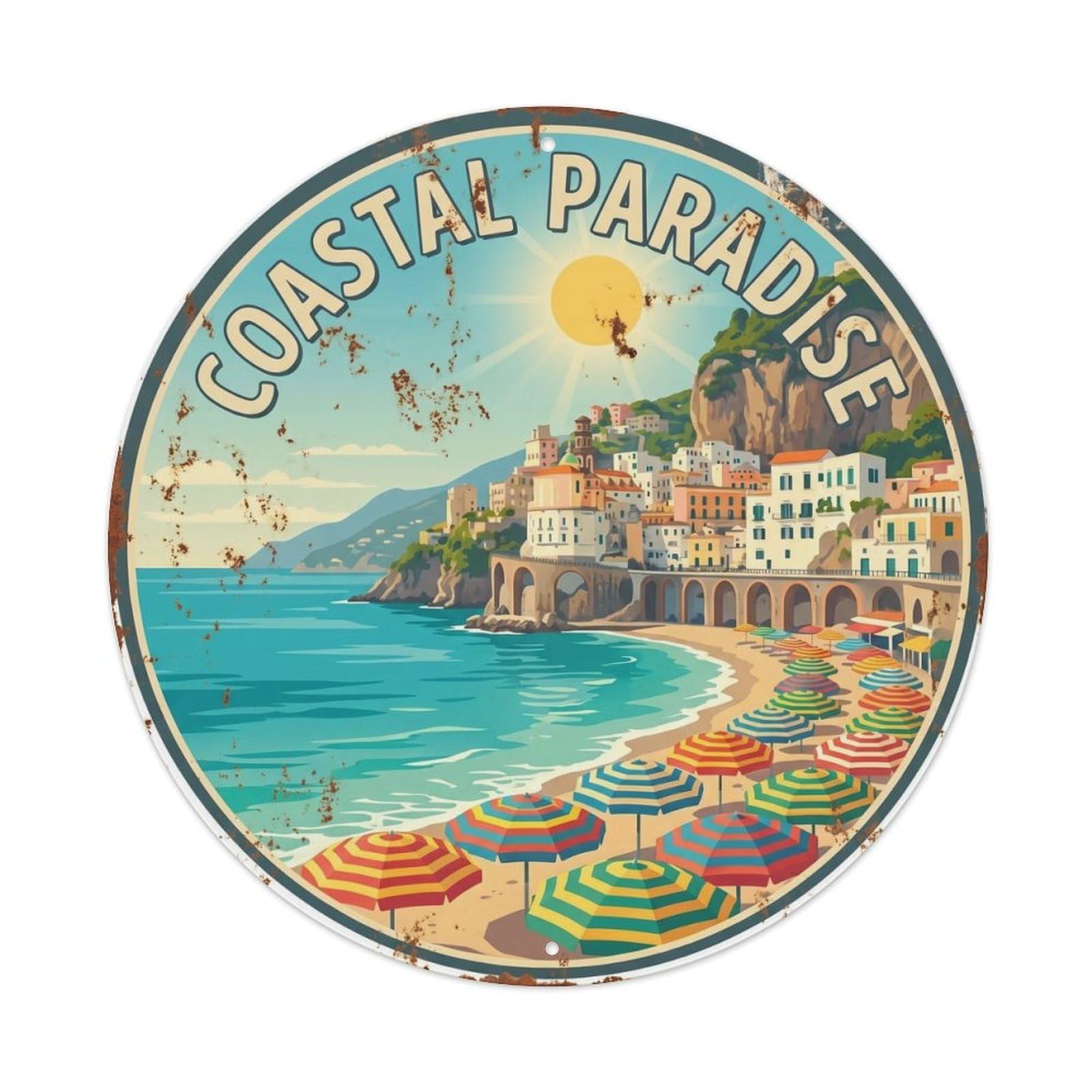Mediterranean Amalfi Beach Umbrella Vacation Vintage Metal Tin Sign Plaque Wall Decor for Cafe, Man Cave, Club Bar, Office, Home Garden Round Metal Poster 8x8Inch