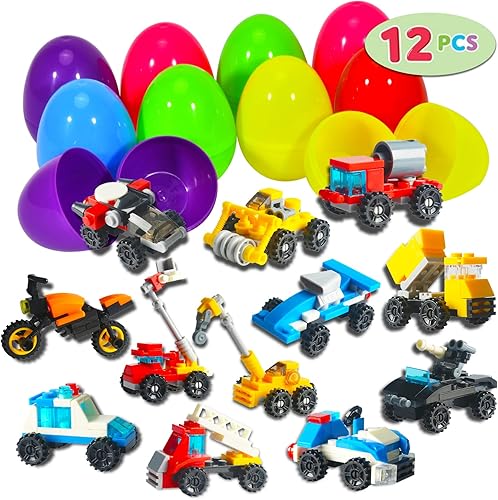 12 huevos de Pascua precargados con bloques de construcción de automóvil, mini juguetes de construcción en el interior, rellenos de cesta de Pascua