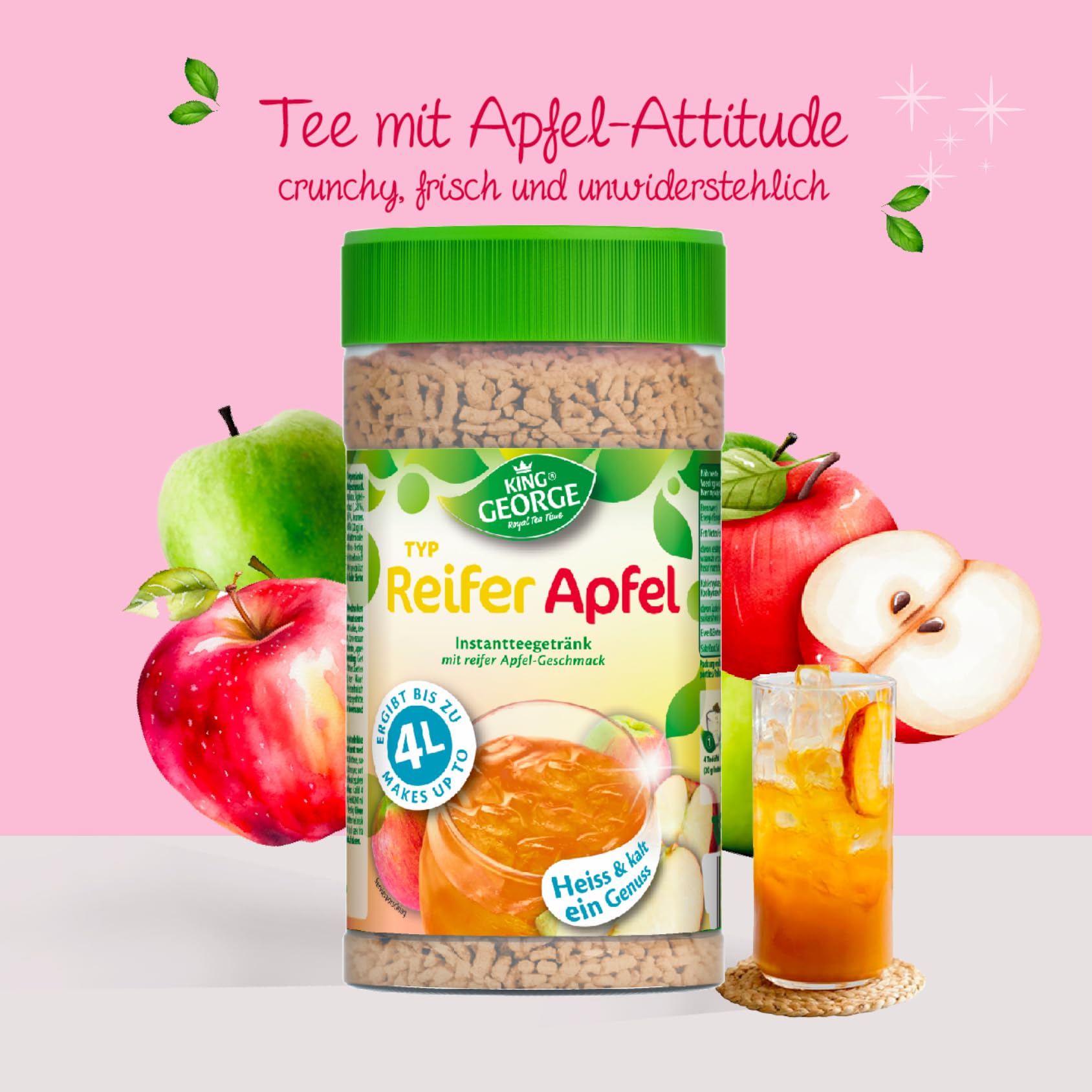 KING GEORGE Bebida instantánea de té de manzana madura, 12 x 400 g, bebida instantánea con sabor a manzana, caliente y fría, un placer, paquete de almacenamiento de té de migas, bebida para verano